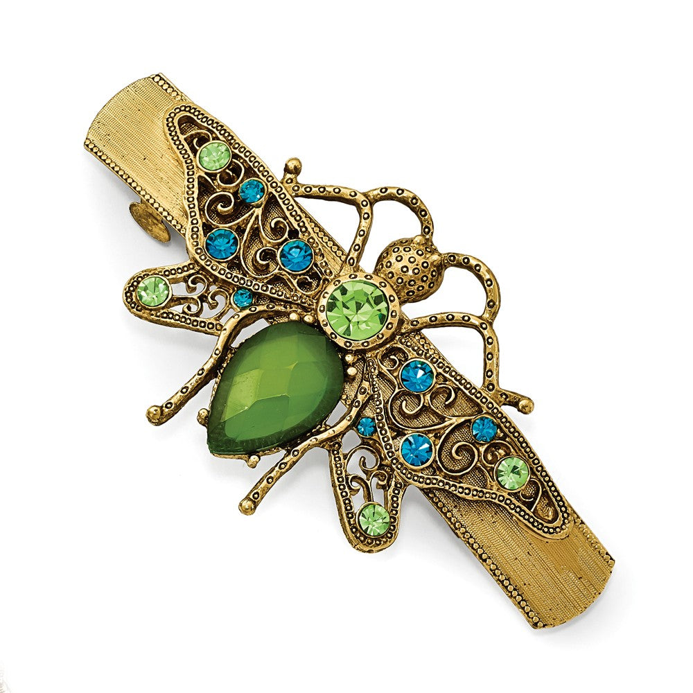 Gold-tone Blue & Green Crystal With Acrylic Green Stone Bee Hair Barrette