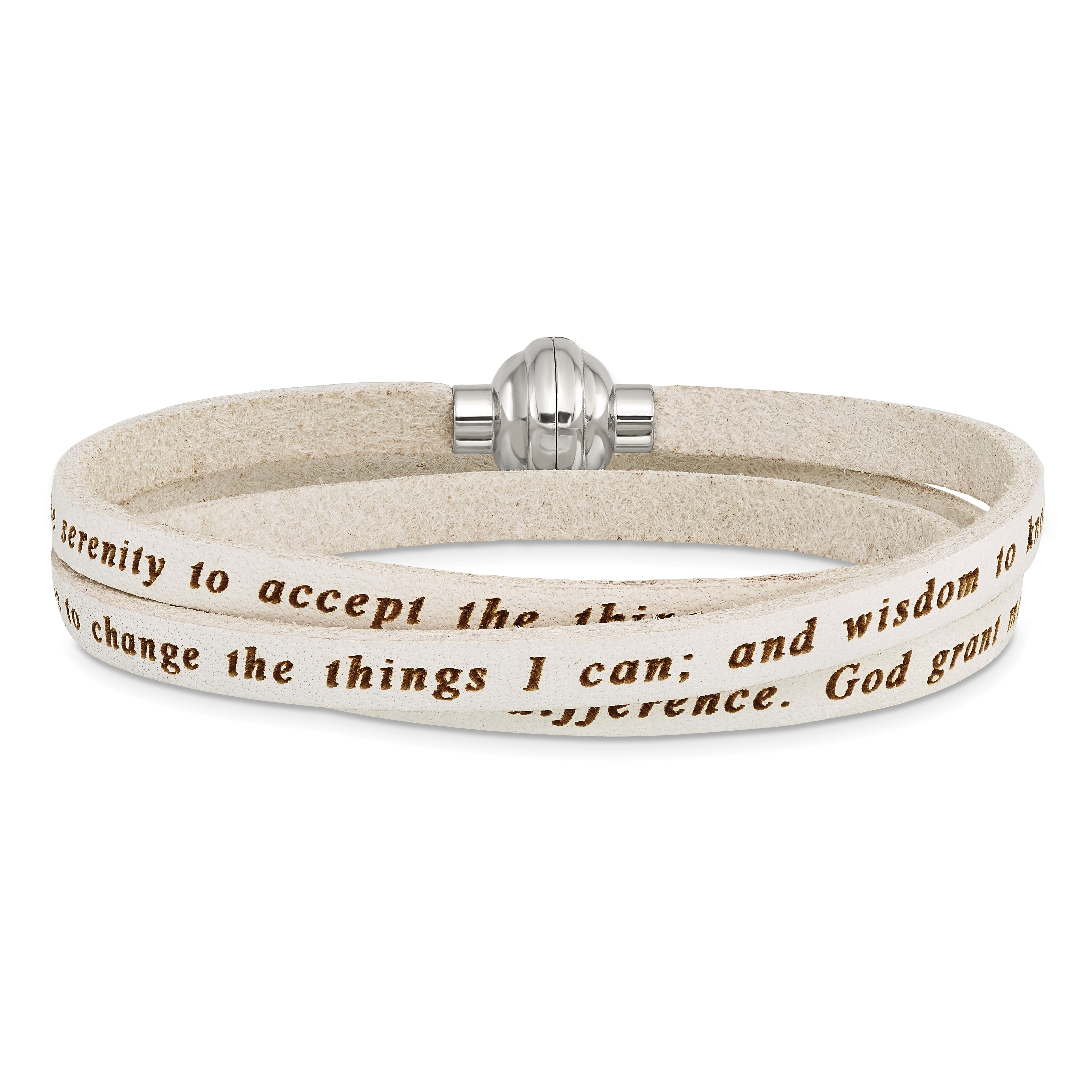 AMEN Stainless Steel Serenity Prayer White Leather Wrap with Magnetic Clasp 21 Inch Bracelet
