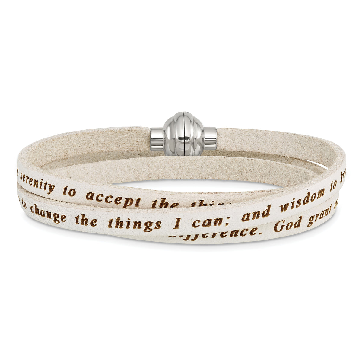 AMEN Stainless Steel Serenity Prayer White Leather Wrap with Magnetic Clasp 21 Inch Bracelet