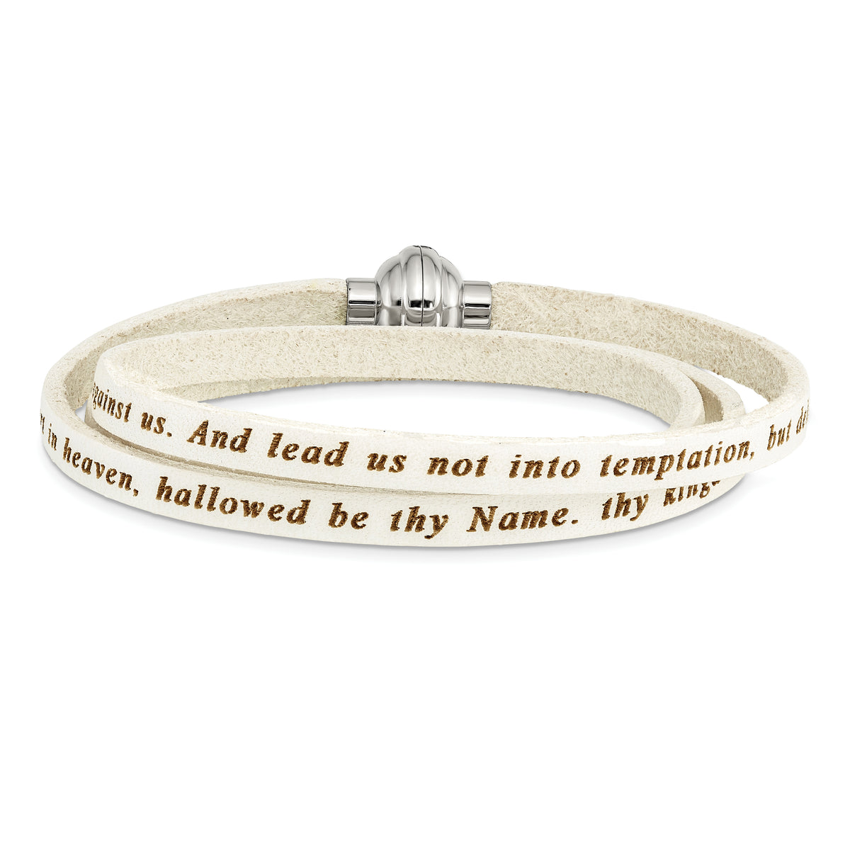 AMEN Stainless Steel Lord's Prayer White Leather Wrap with Magnetic Clasp with Magnetic Clasp 21 Inch Bracelet