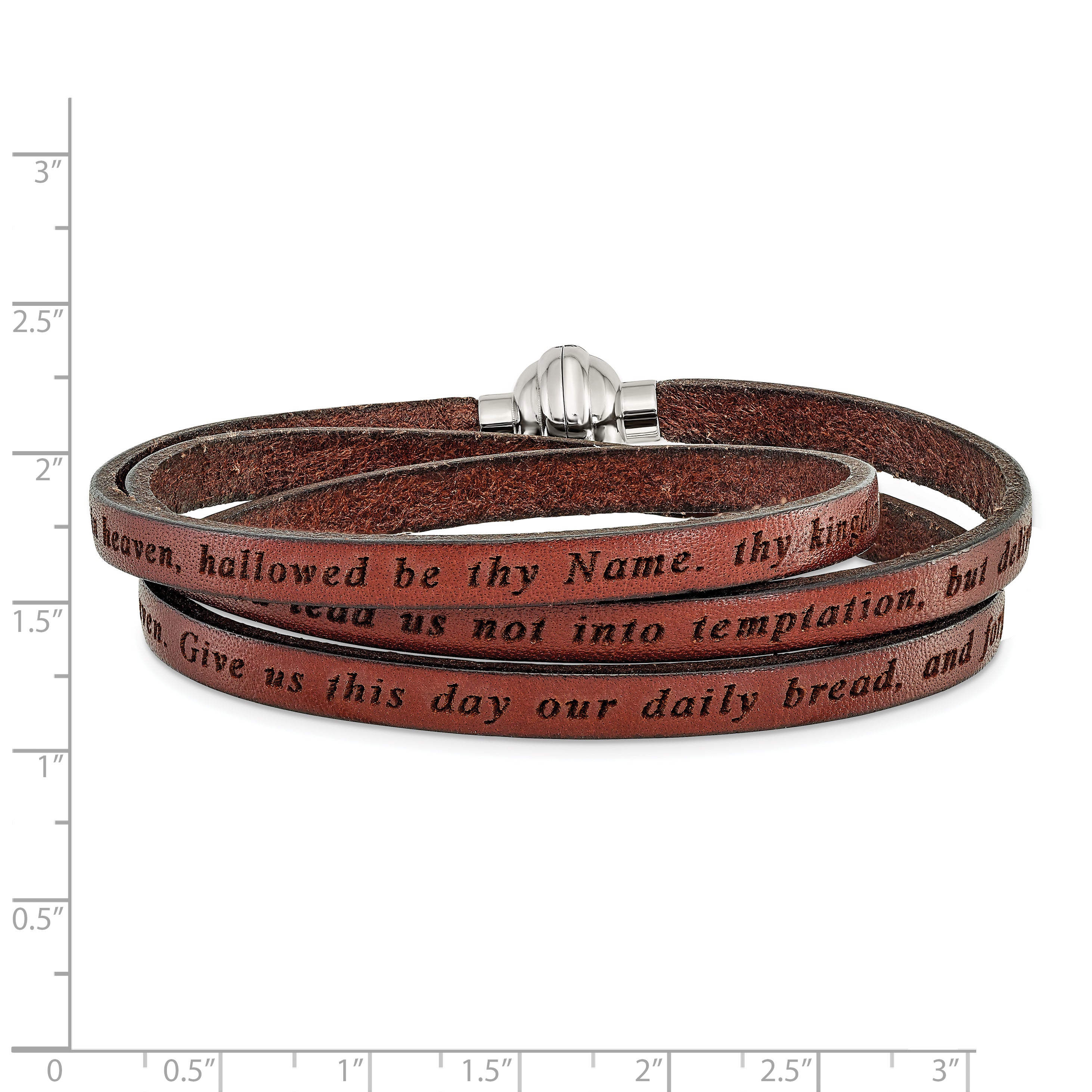 AMEN Stainless Steel Lord's Prayer Brown Leather Wrap with Magnetic Clasp with Magnetic Clasp 23.5 Inch Bracelet