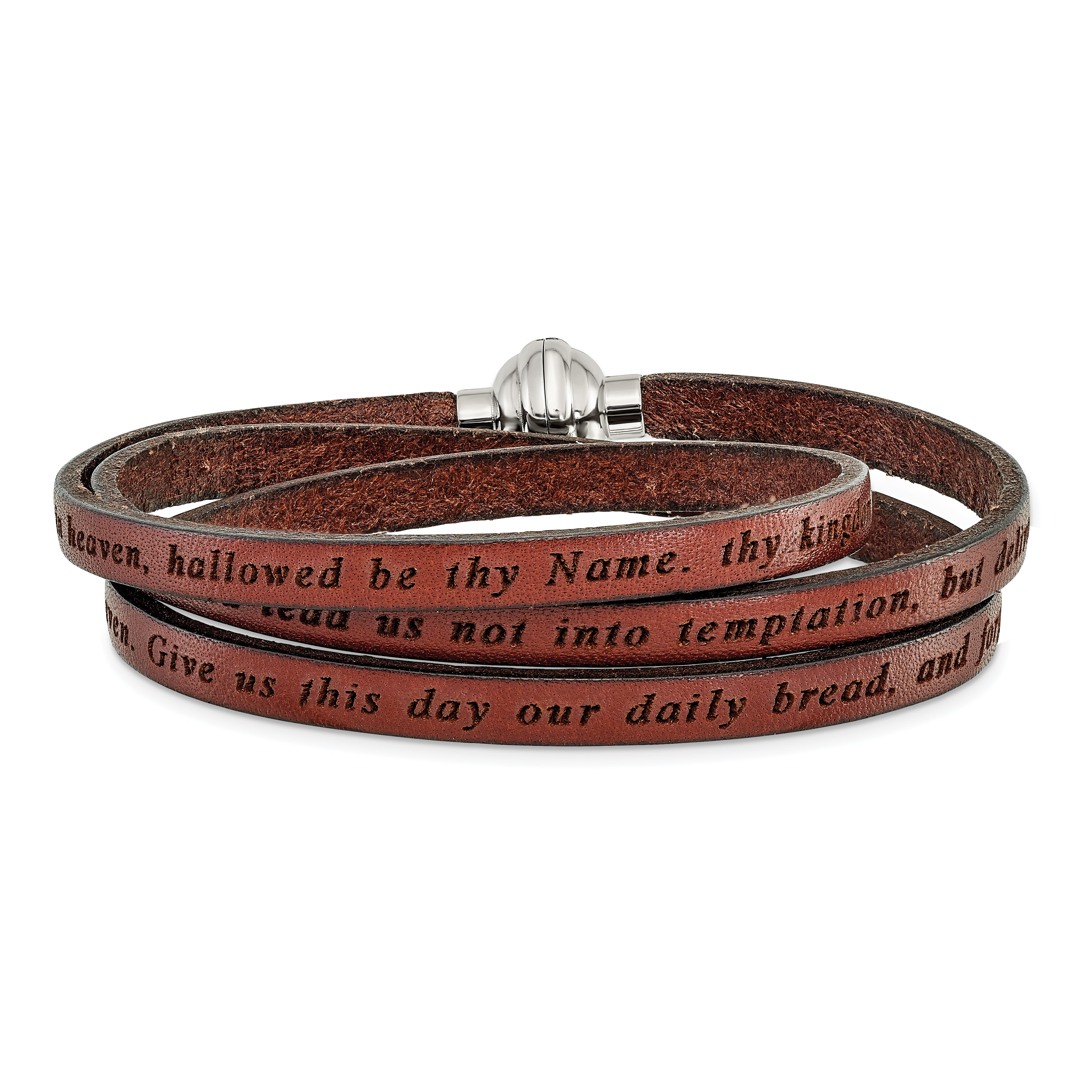 AMEN Stainless Steel Lord's Prayer Brown Leather Wrap with Magnetic Clasp with Magnetic Clasp 21 Inch Bracelet