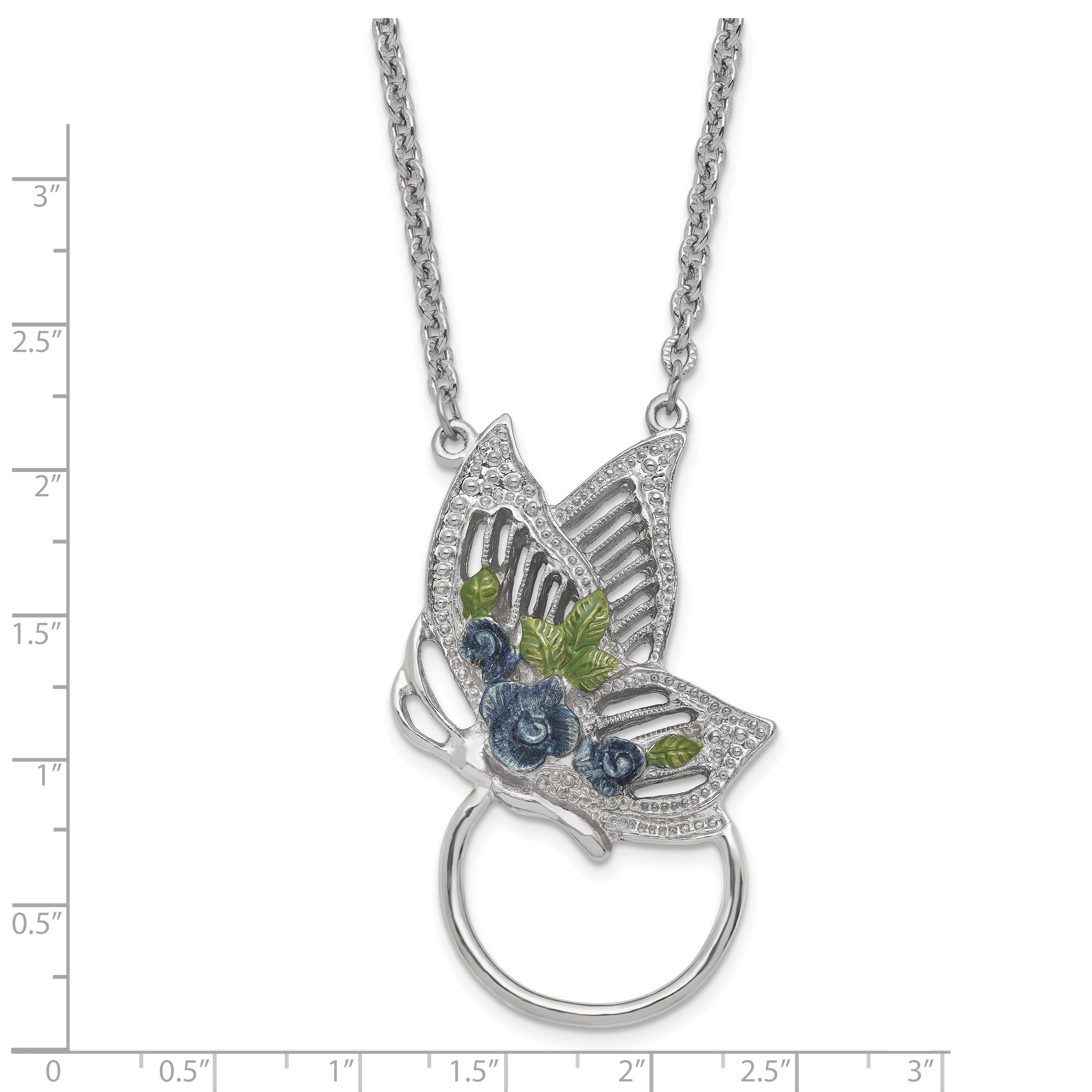 1928 Silver-tone Butterfly Green and Blue Enameled Floral 28 inch Eye Glass or Badge Holder Necklace
