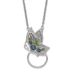 1928 Silver-tone Butterfly Green and Blue Enameled Floral 28 inch Eye Glass or Badge Holder Necklace