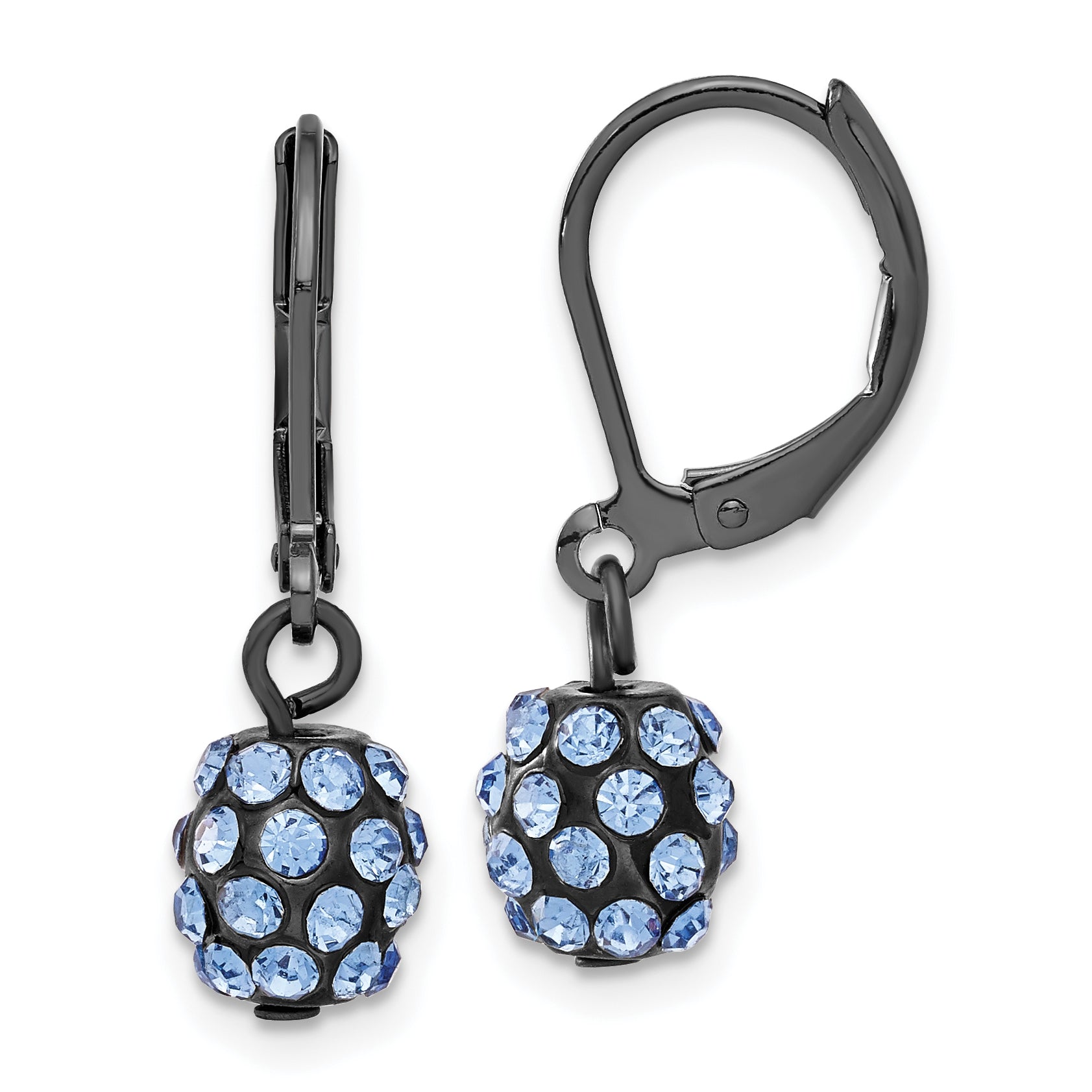 1928 Black-plated Blue Glass Stone Ball Leverback Earrings