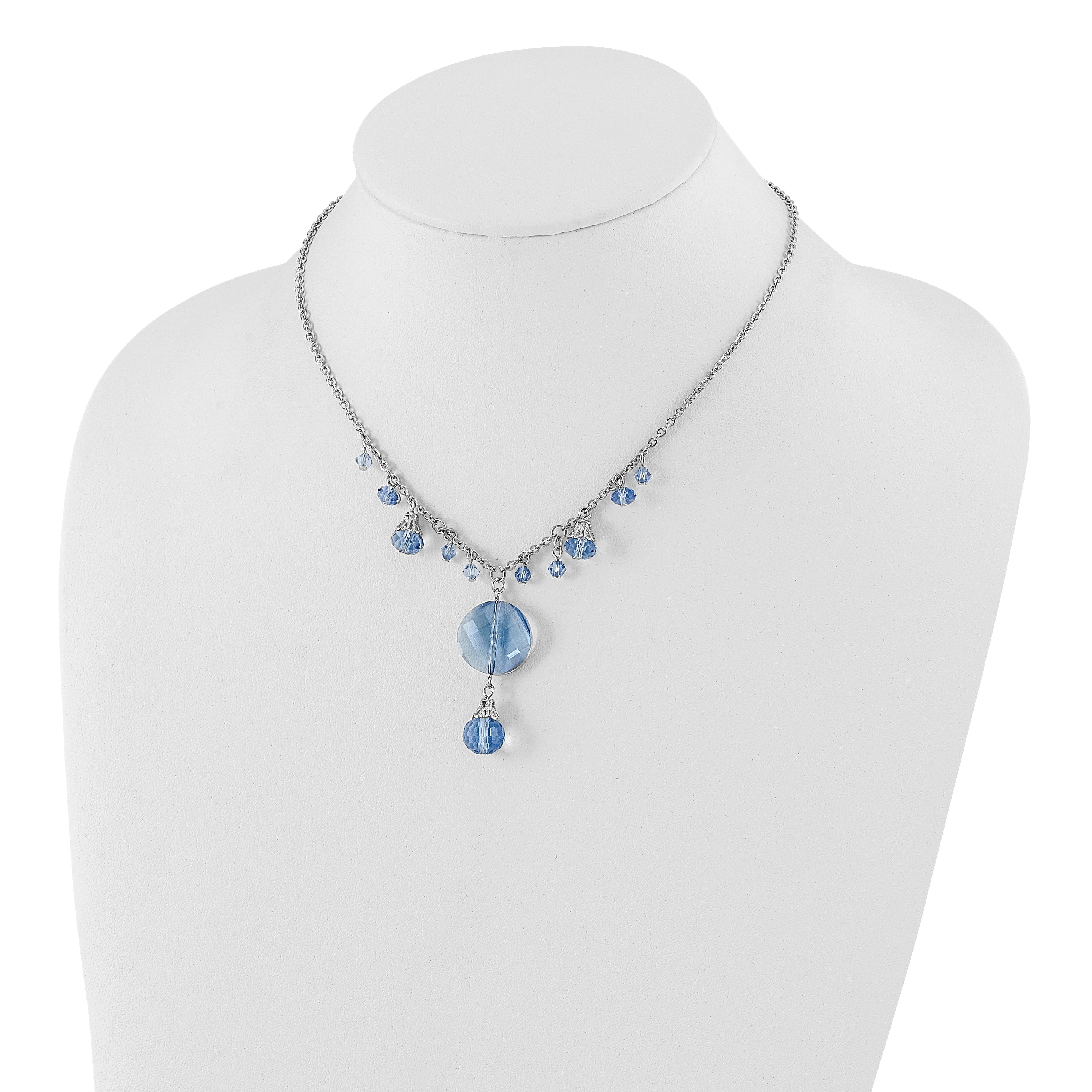 1928 Jewelry Silver-tone Light Blue Faceted Glass Dangle Beads 16 inch Necklace with 3 inch extension