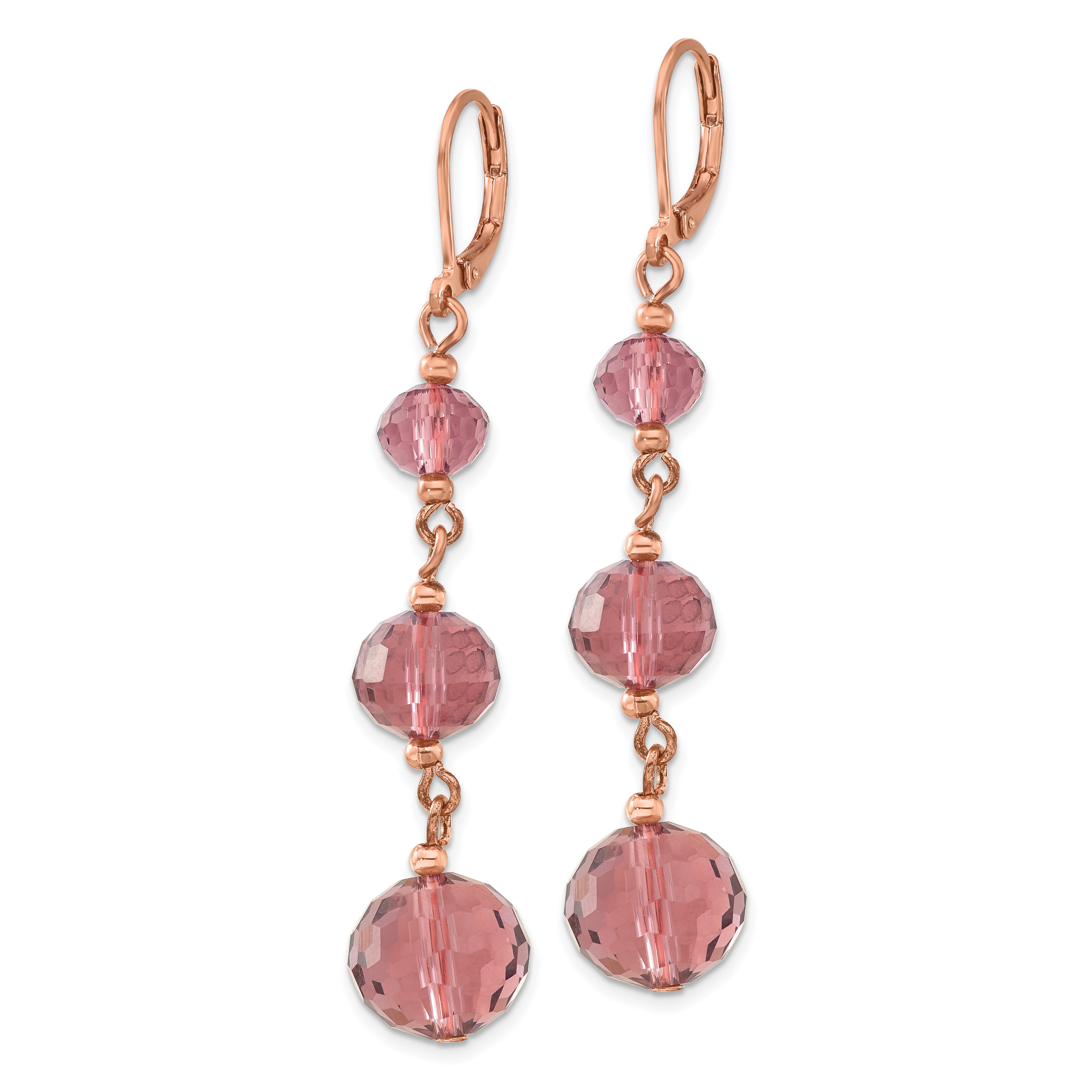 Rose-Tone Graduated Purple Glass Dangle Earrings with Leverback Closure