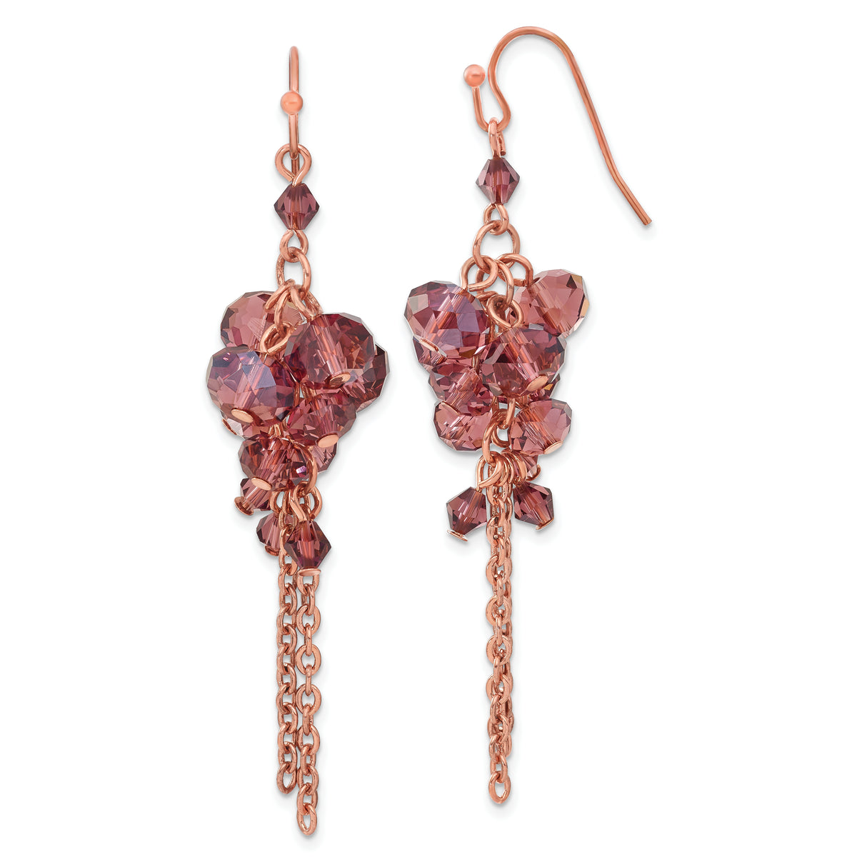 1928 Brass-tone Purple Glass Beads Cluster Dangle Earrings