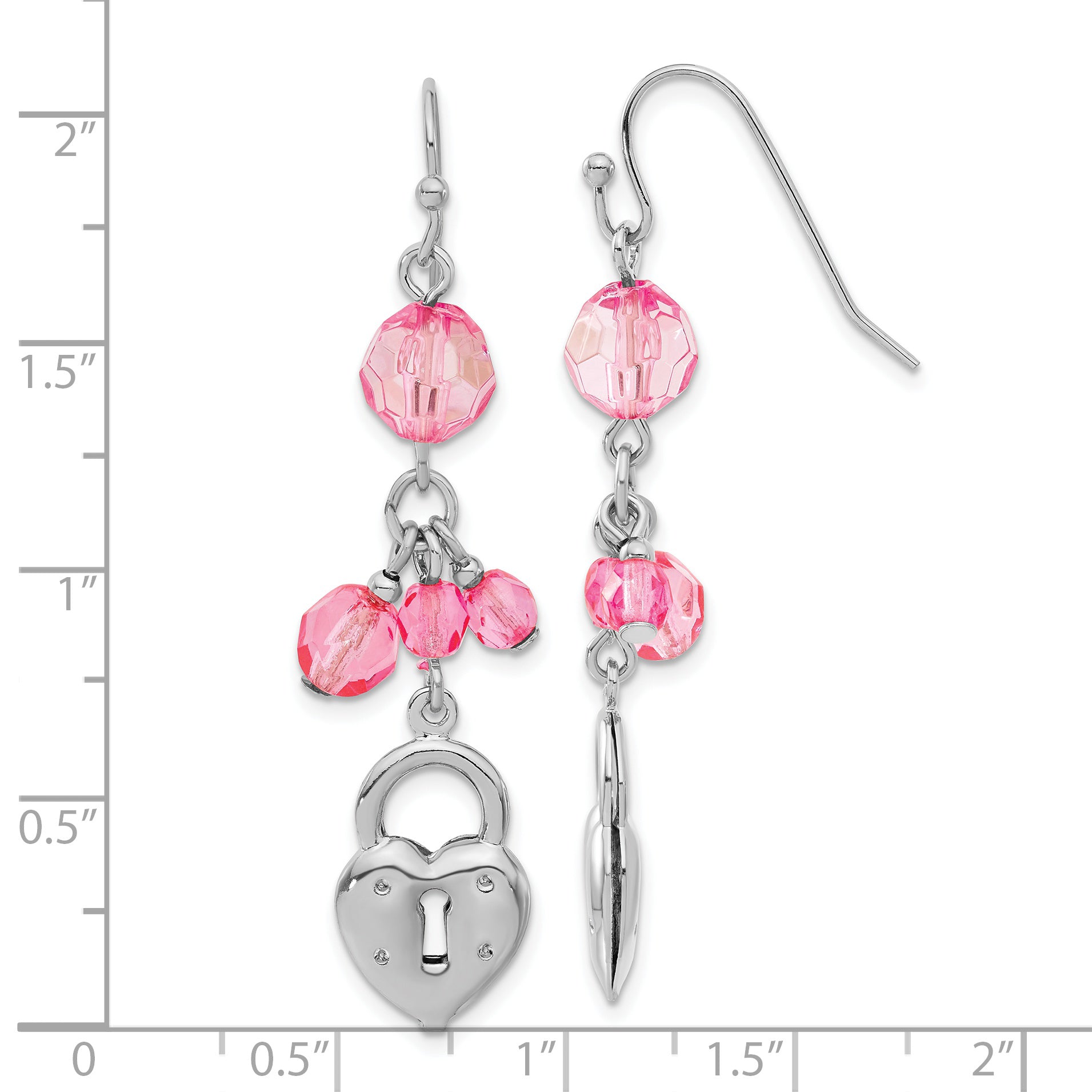 1928 Silver-tone Pink Glass Bead Heart Lock Dangle Earrings