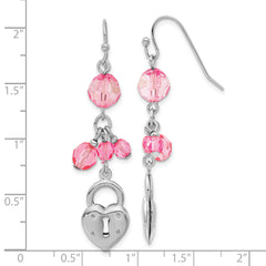 Silver-Tone Glass Bead Heart Lock Dangle Earrings Vintage Inspired Polished Finish
