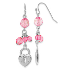 1928 Silver-tone Pink Glass Bead Heart Lock Dangle Earrings