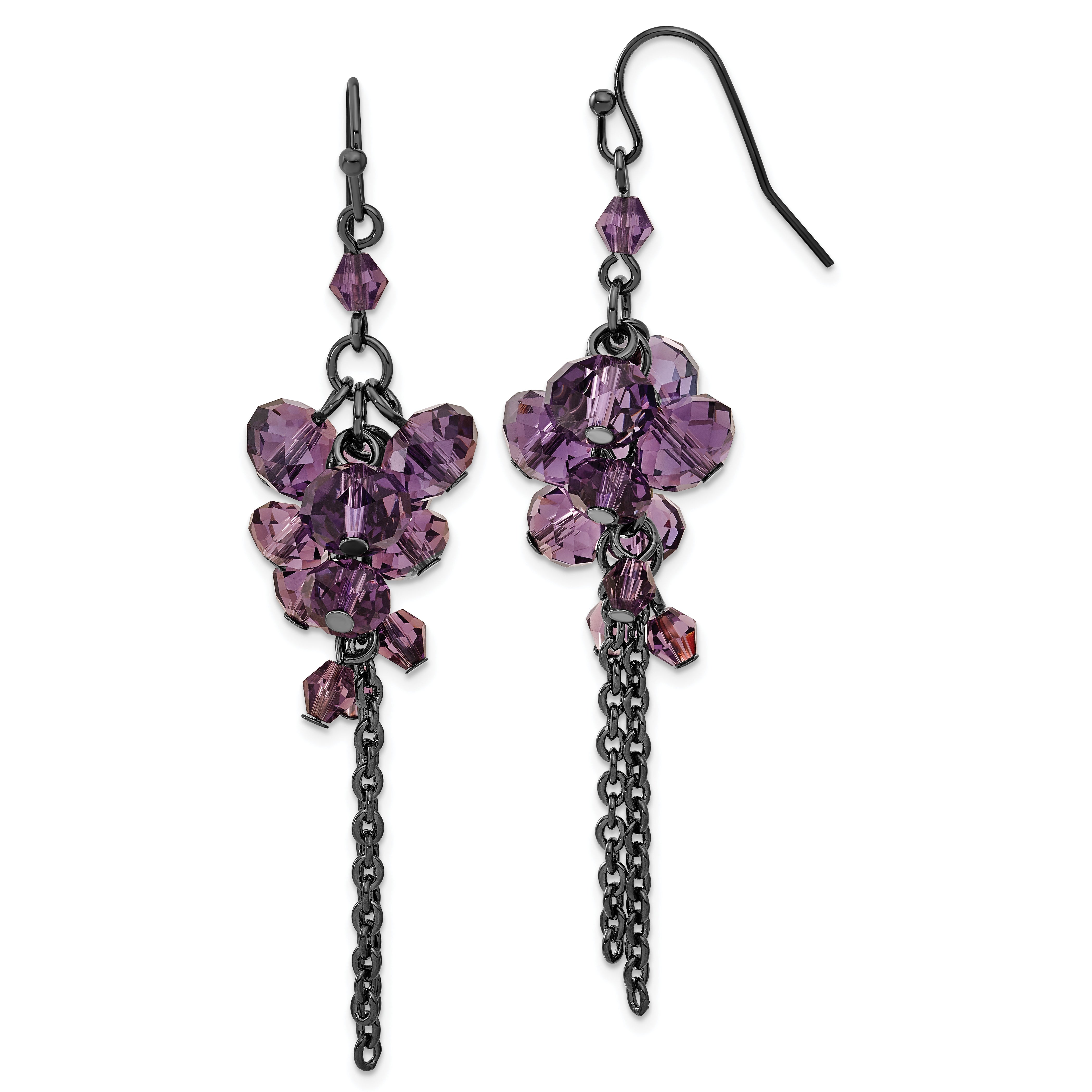 1928 Jewelry Black-plated Smokey Purple Glass Faceted Beads Cluster Dangle Earrings