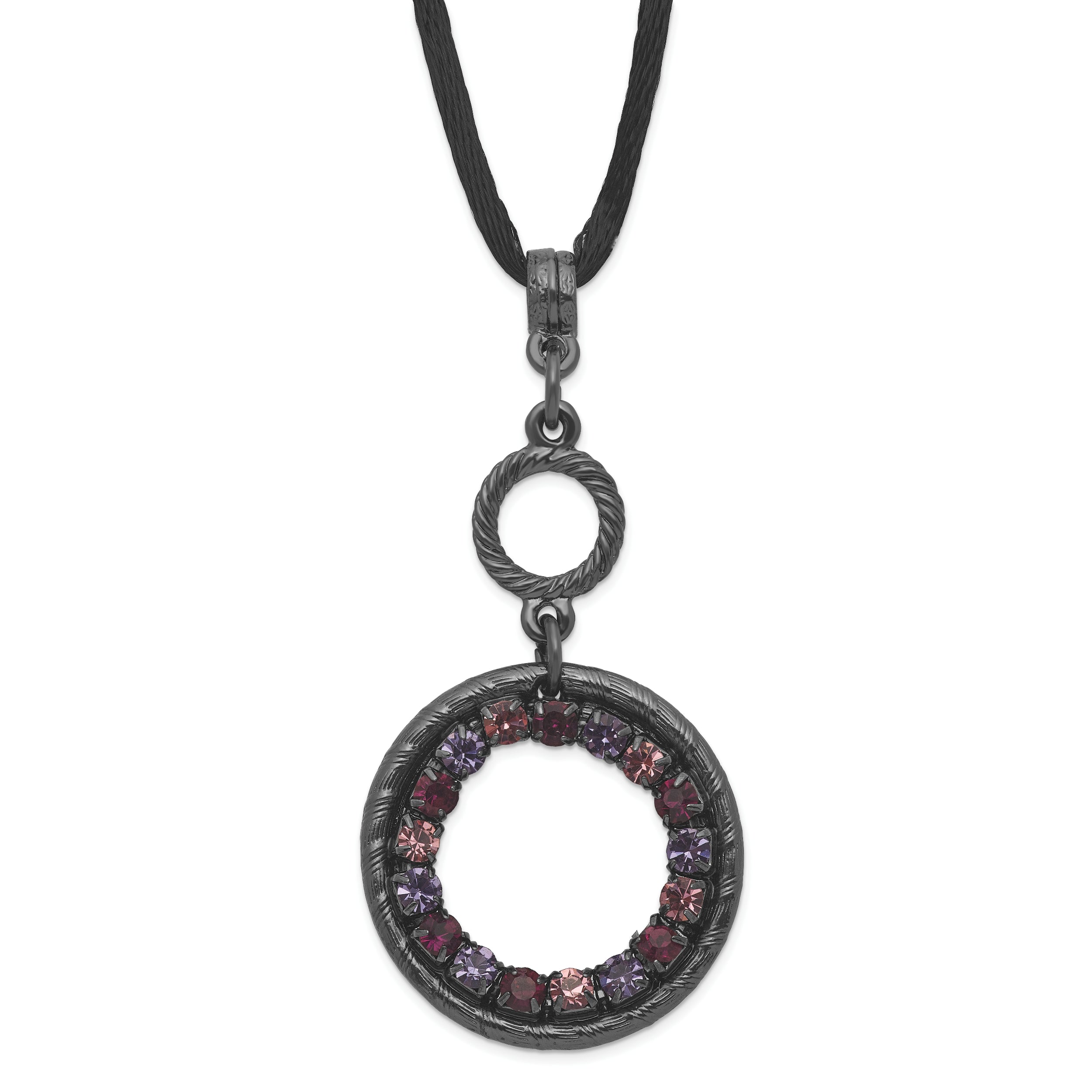 1928 Jewelry Black-plated Light and Dark Pink and Purple Crystal Double Circle Adjustable 16 inch Satin Cord Necklace with 3 inch extension
