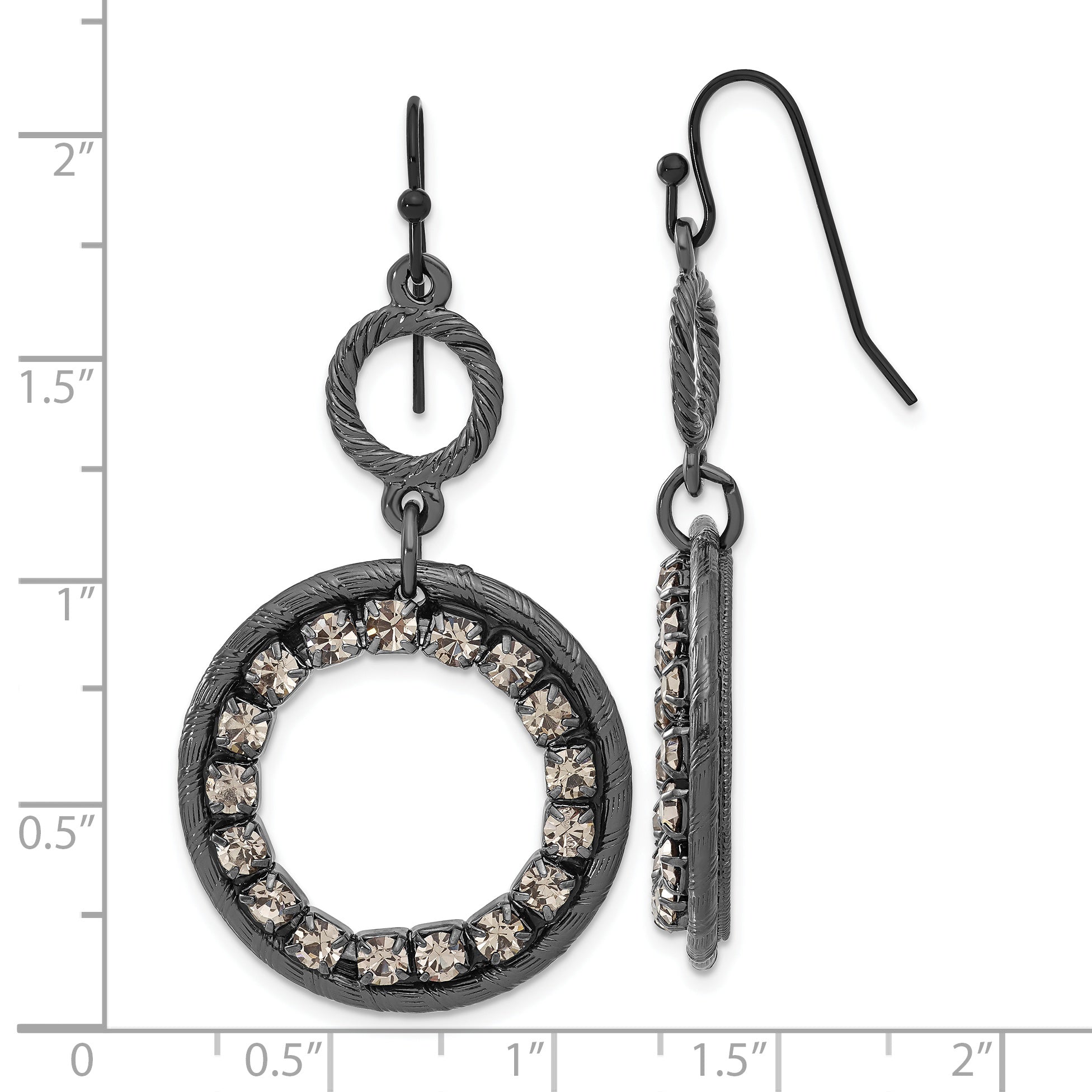 1928 Black-plated Smoky Crystal Circle Dangle Earrings