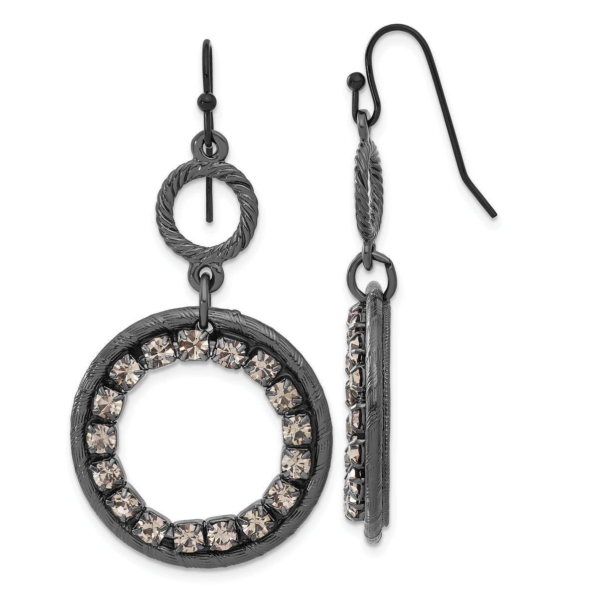 1928 Black-plated Smoky Crystal Circle Dangle Earrings