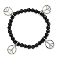 1928 Jewelry Silver-tone Peace Charms on Jet Black Crystal Faceted Beaded Stretch Bracelet