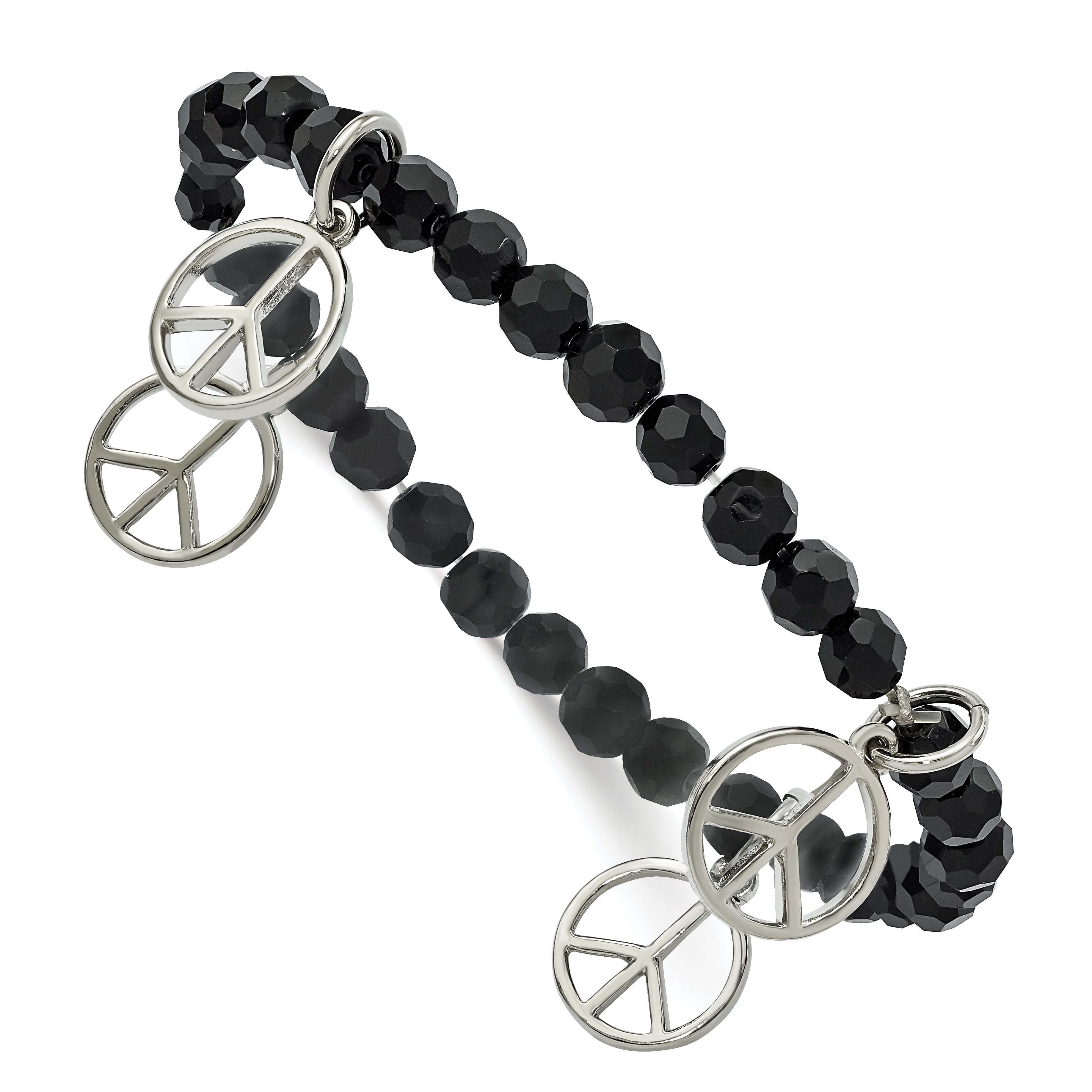 1928 Jewelry Silver-tone Peace Charms on Jet Black Crystal Faceted Beaded Stretch Bracelet