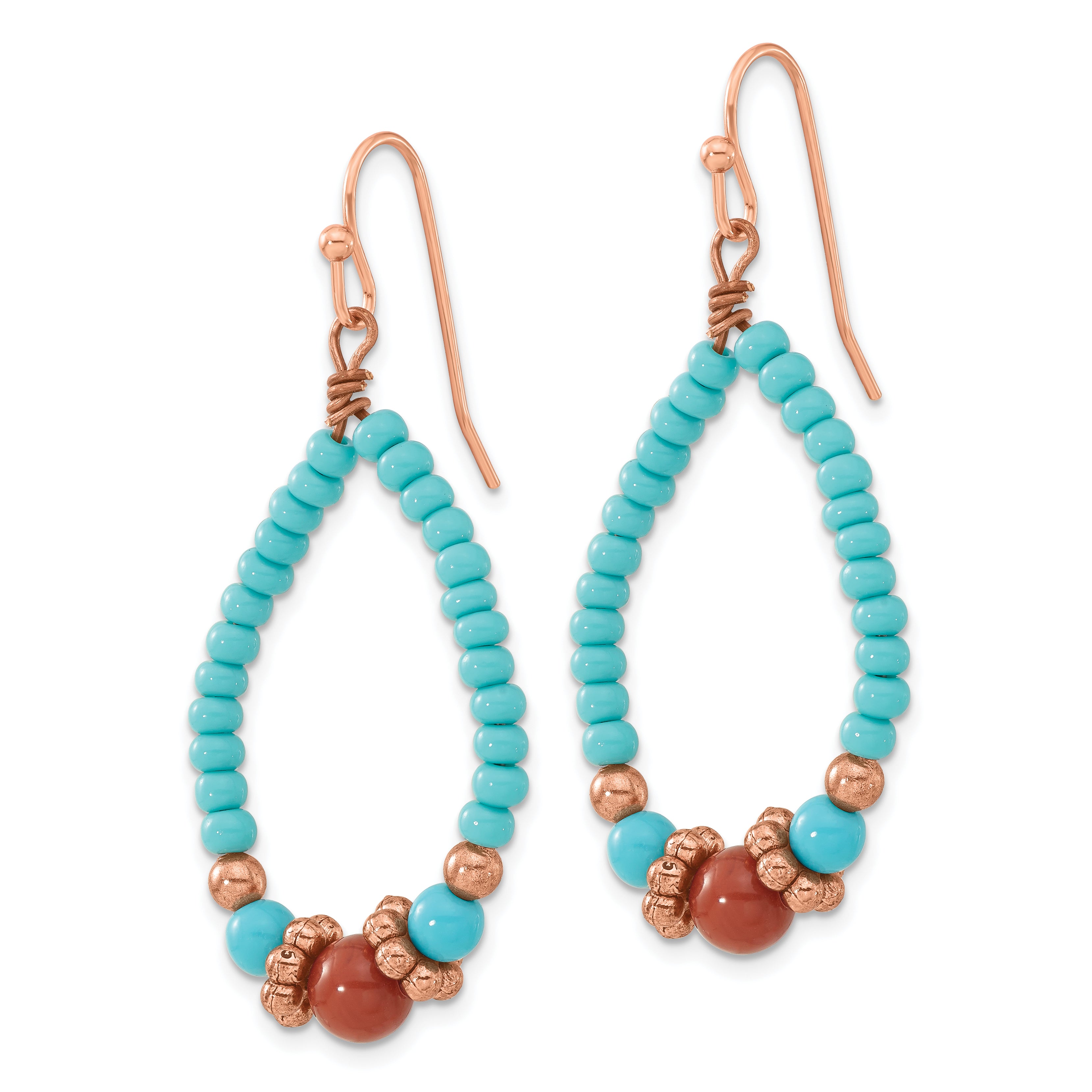 Copper-Tone Teardrop Dangle Earrings with Aqua & Brown Beads Vintage Inspired