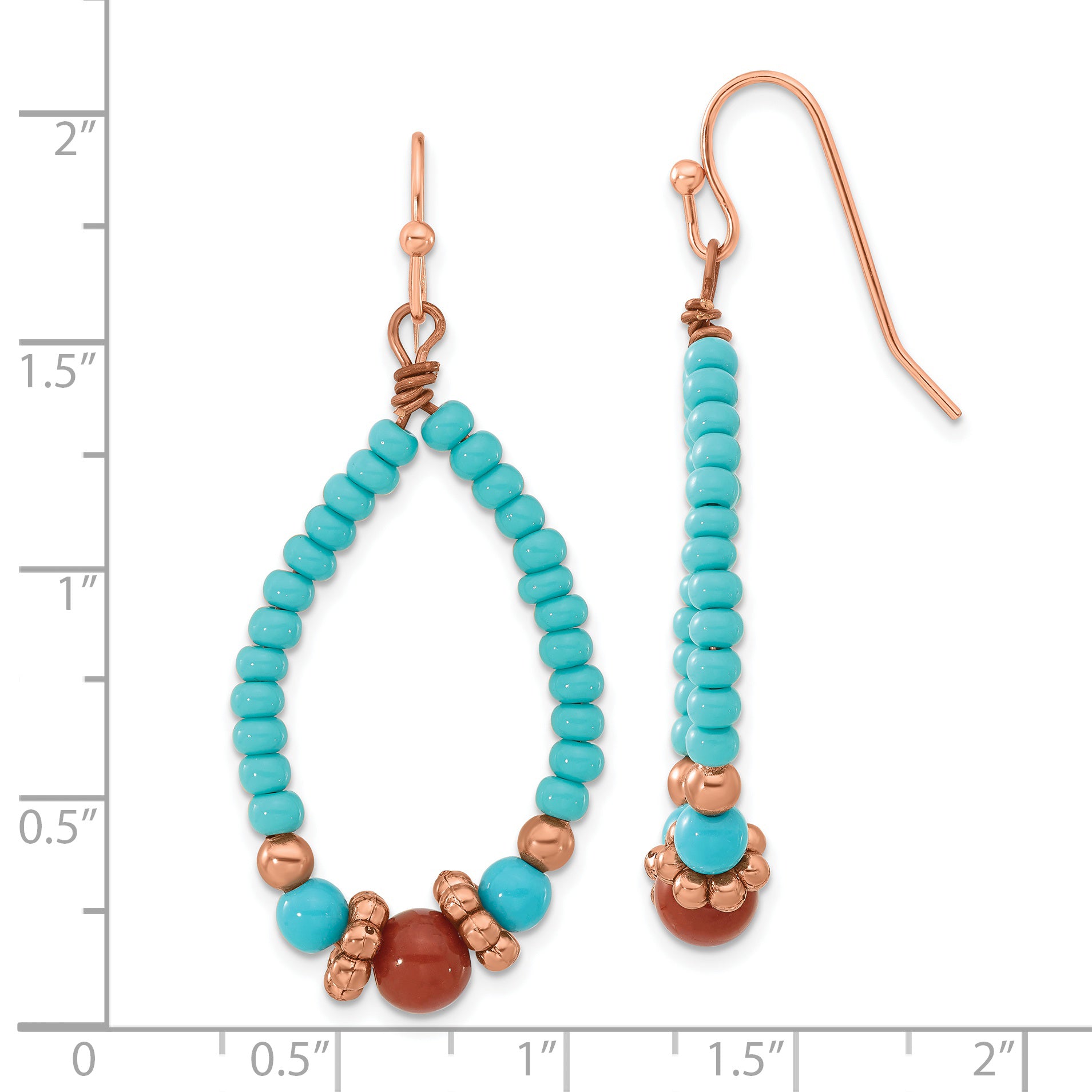 Copper-Tone Teardrop Dangle Earrings with Aqua & Brown Beads Vintage Inspired