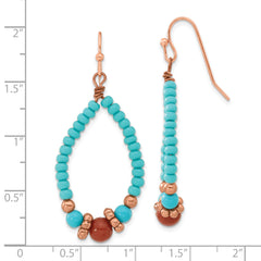 Copper-Tone Teardrop Dangle Earrings with Aqua & Brown Beads Vintage Inspired