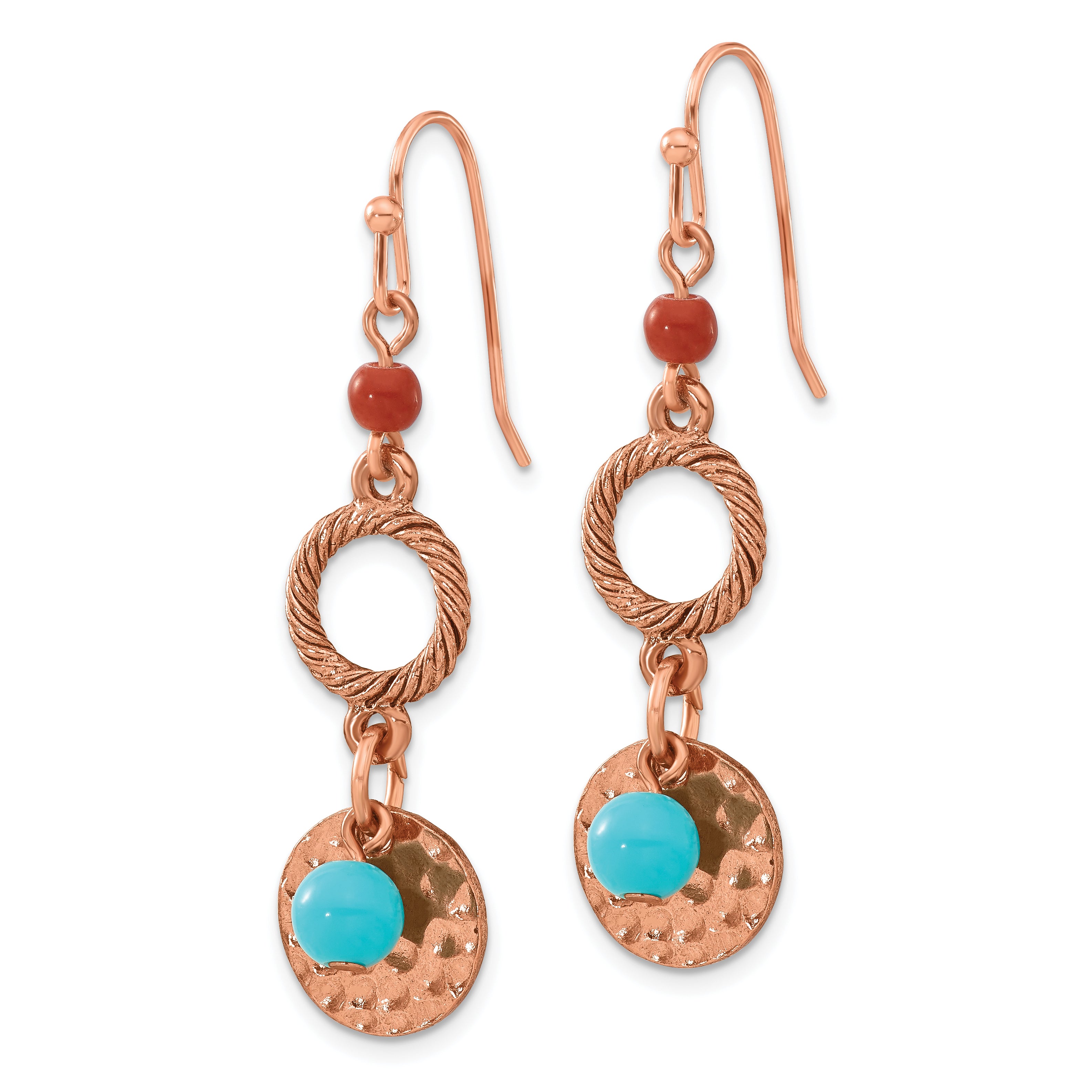 Copper-Tone Hammered Dangle Earrings with Aqua & Brown Beads by 1928