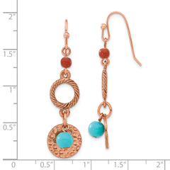 Copper-Tone Hammered Dangle Earrings with Aqua & Brown Beads by 1928