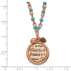Copper-Tone and Aqua Acrylic Bead Necklace with Peace Pendant Vintage Inspired