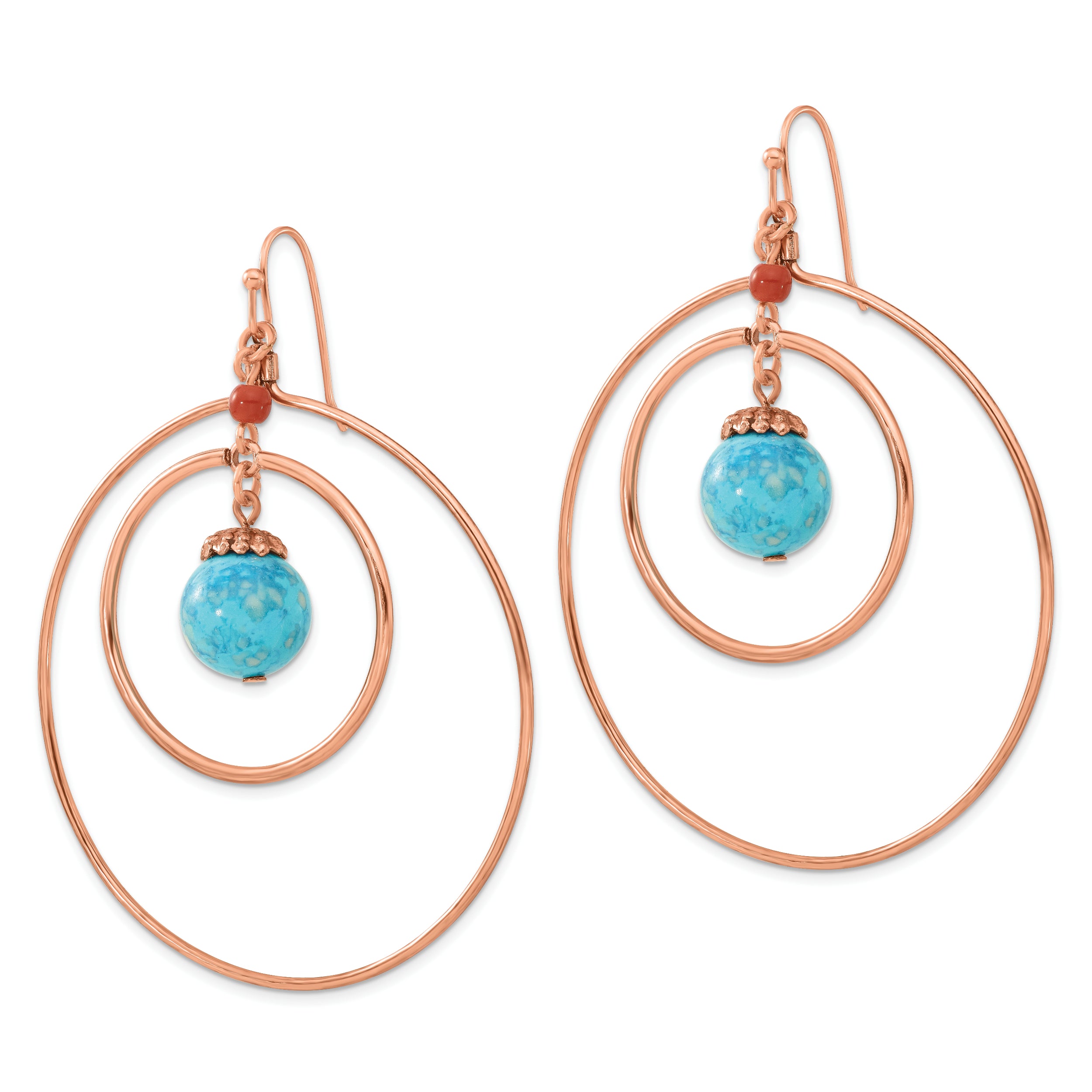Copper-Tone Dangle Earrings with Brown and Aqua Acrylic Beads  Vintage Inspired