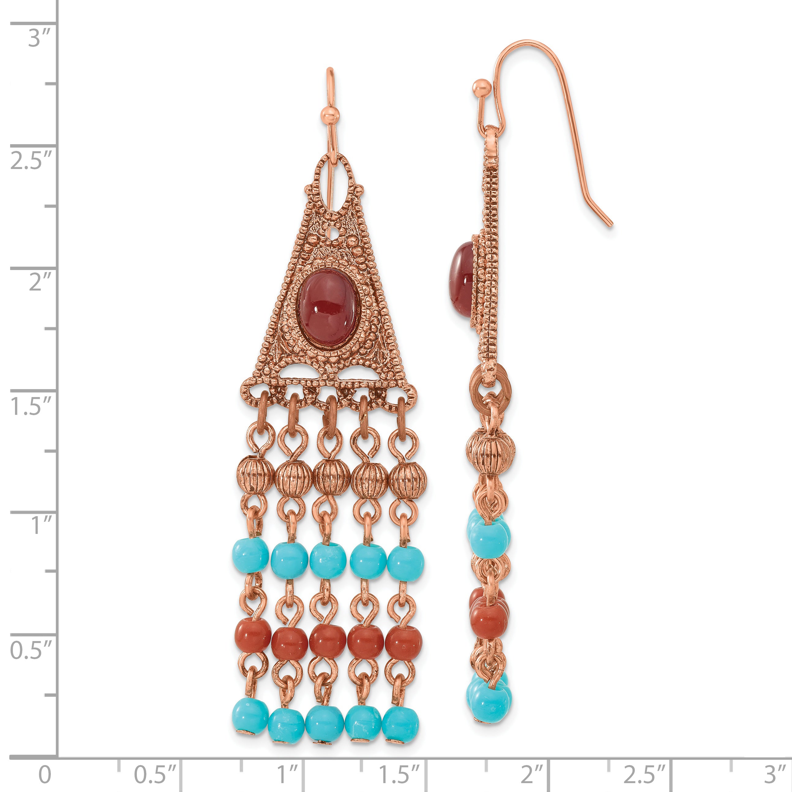 Copper-Tone Beaded Dangle Earrings with Aqua & Brown Acrylic, Vintage Inspired