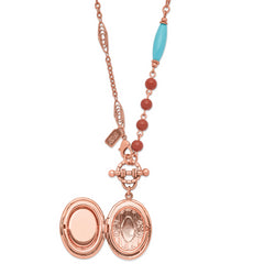 Copper-Tone Floral Locket Necklace with Aqua Beads and Photo Holder