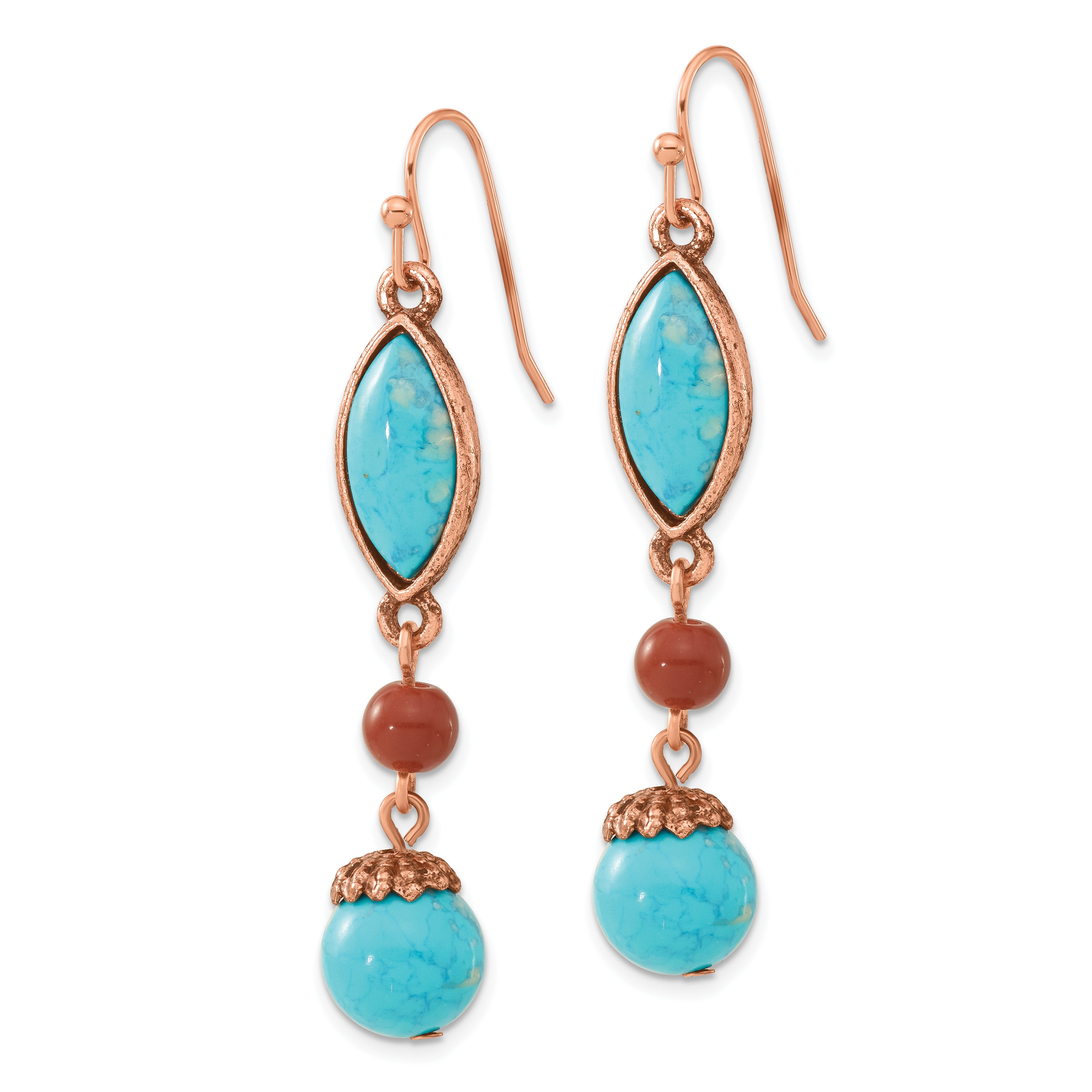 1928 Vintage-Inspired Copper-Tone Drop Earrings with Aqua and Brown Beads