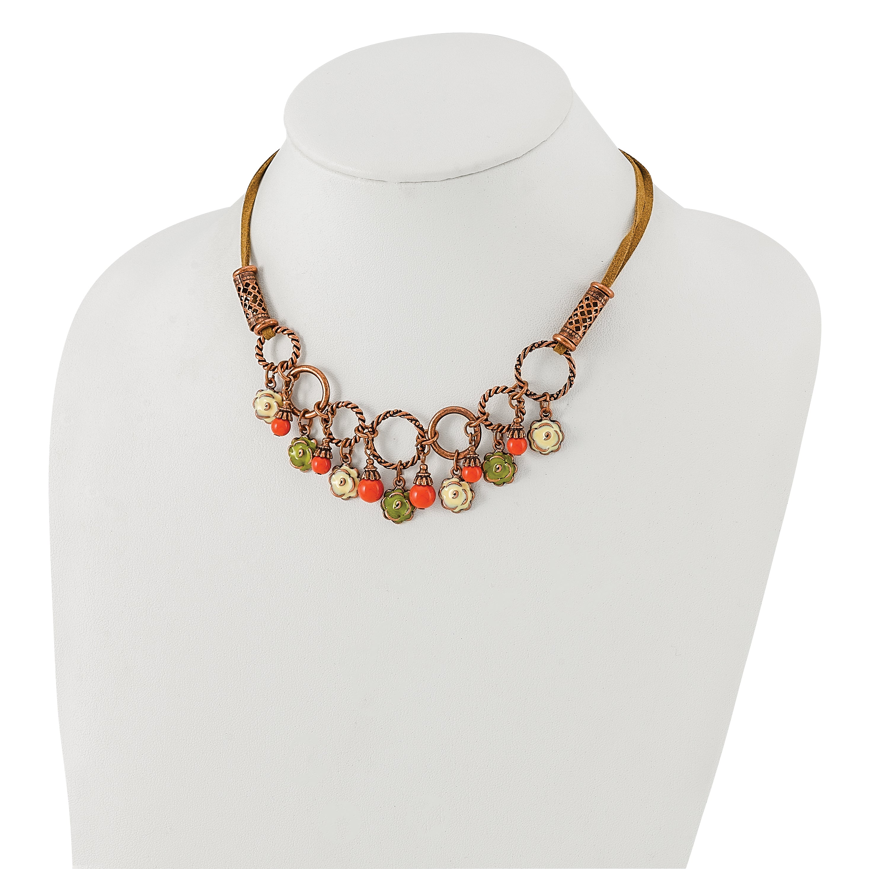 Vintage-Inspired Copper-Tone Floral Enamel Necklace with Adjustable Suede Cord