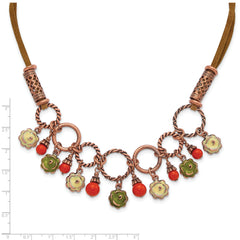Vintage-Inspired Copper-Tone Floral Enamel Necklace with Adjustable Suede Cord