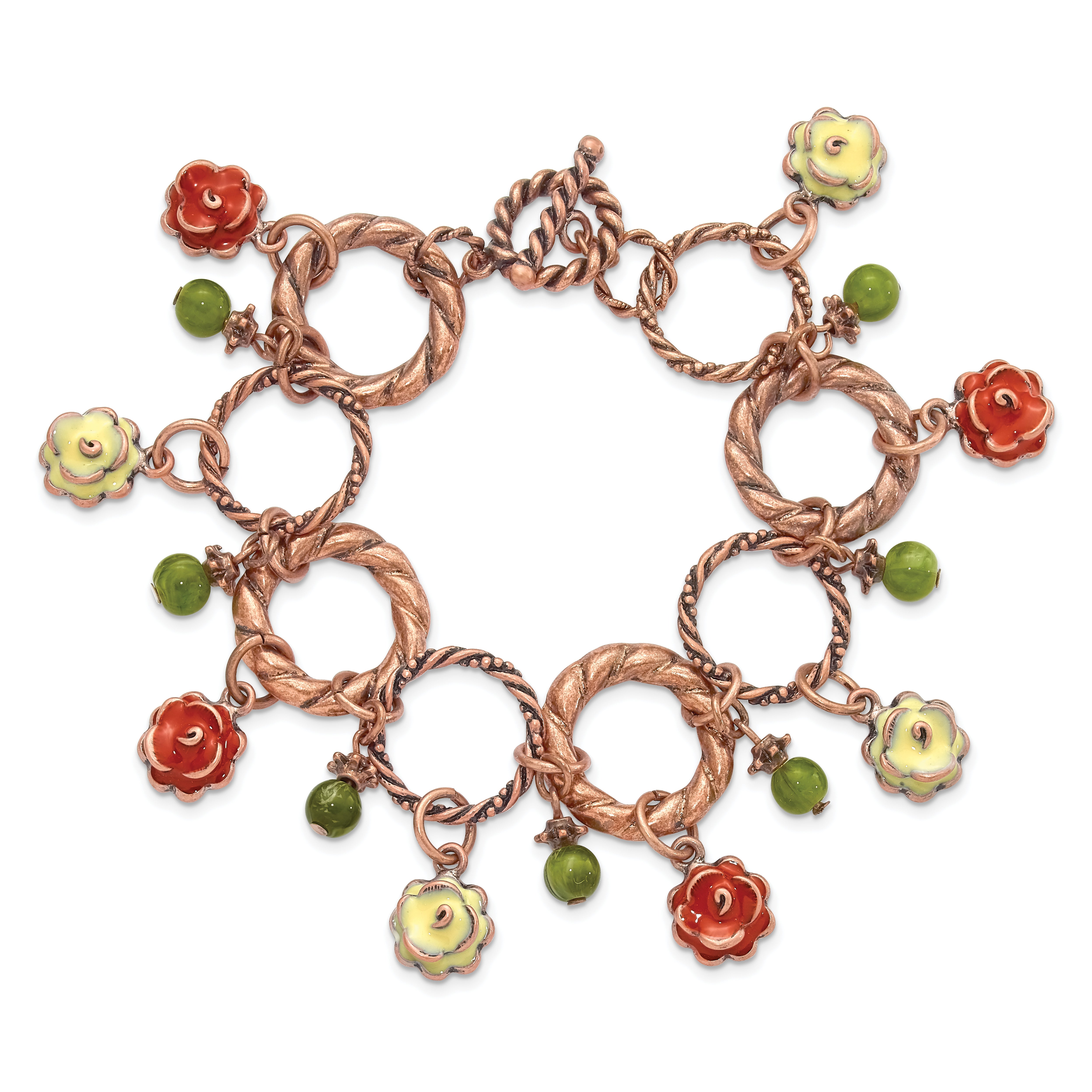 1928 Vintage Copper-Tone Charm Bracelet with Enamel Flowers