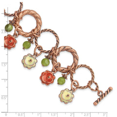 1928 Vintage Copper-Tone Charm Bracelet with Enamel Flowers