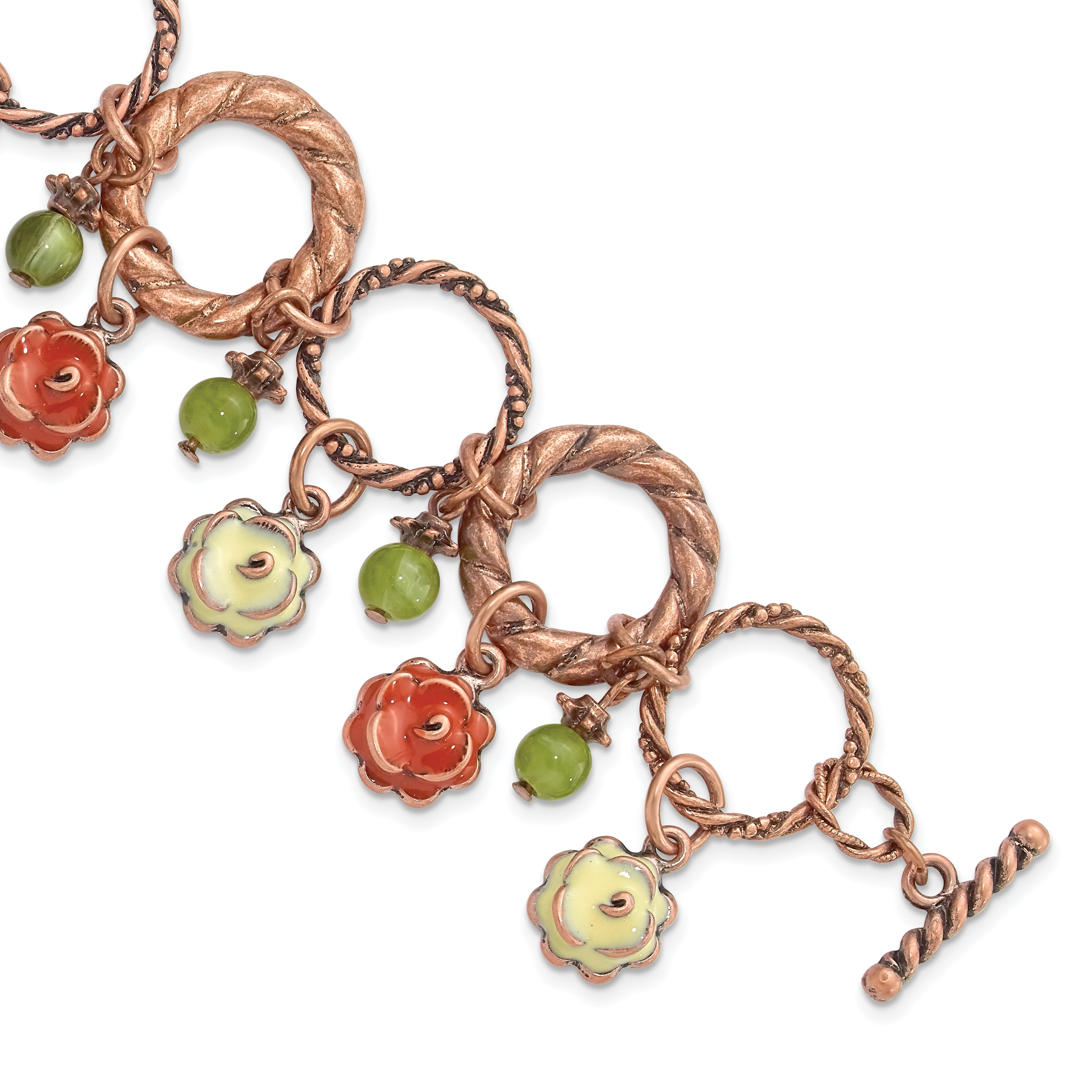 1928 Jewelry Copper-tone Textured Link Orange and Light Green Enamel Flower Green Acrylic Bead Dangles 7 inch Toggle Bracelet