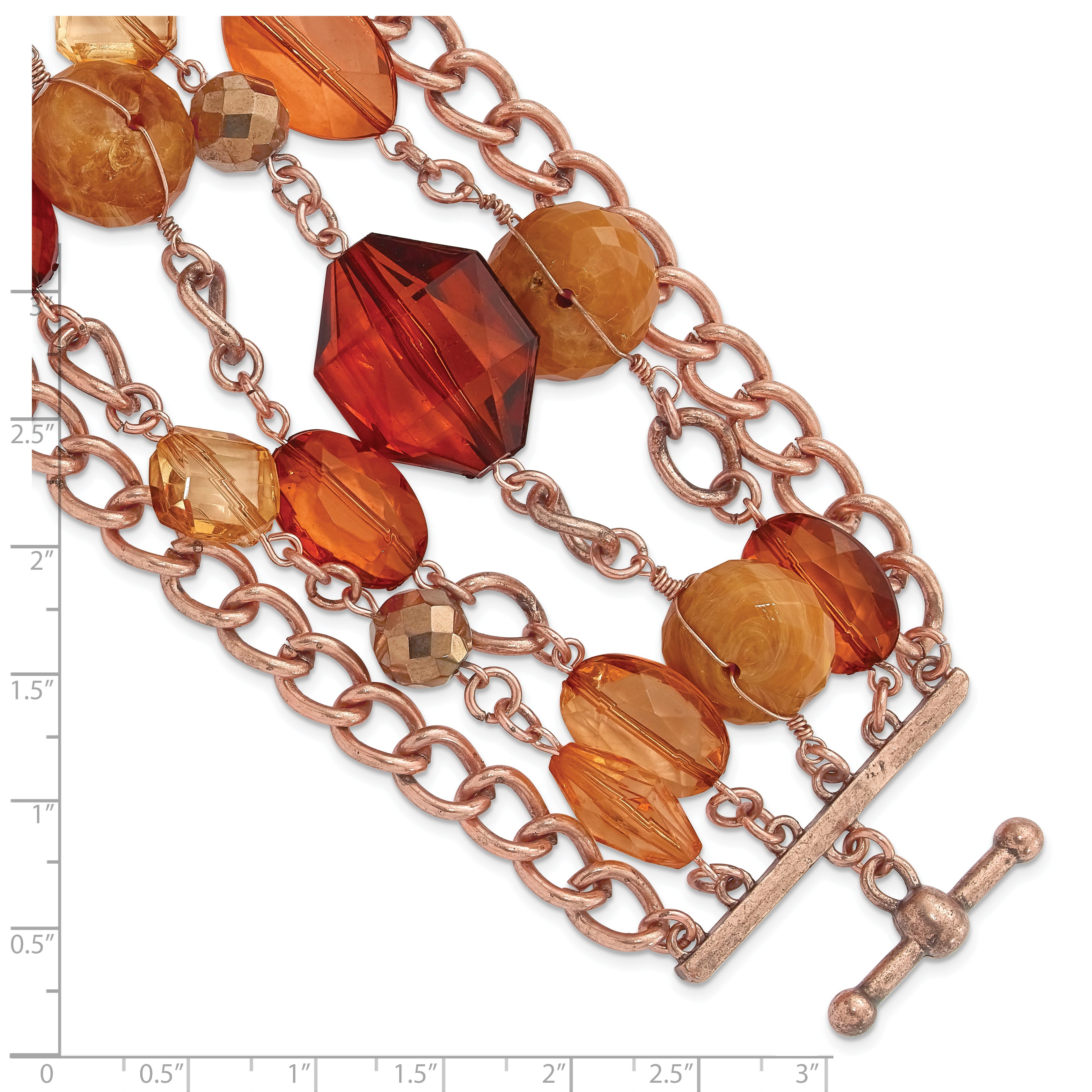 1928 Jewelry Copper-tone Link and Multicolored Brownand Orange Faceted Acrylic Beads Wide Six Row 8 inch Toggle Bracelet