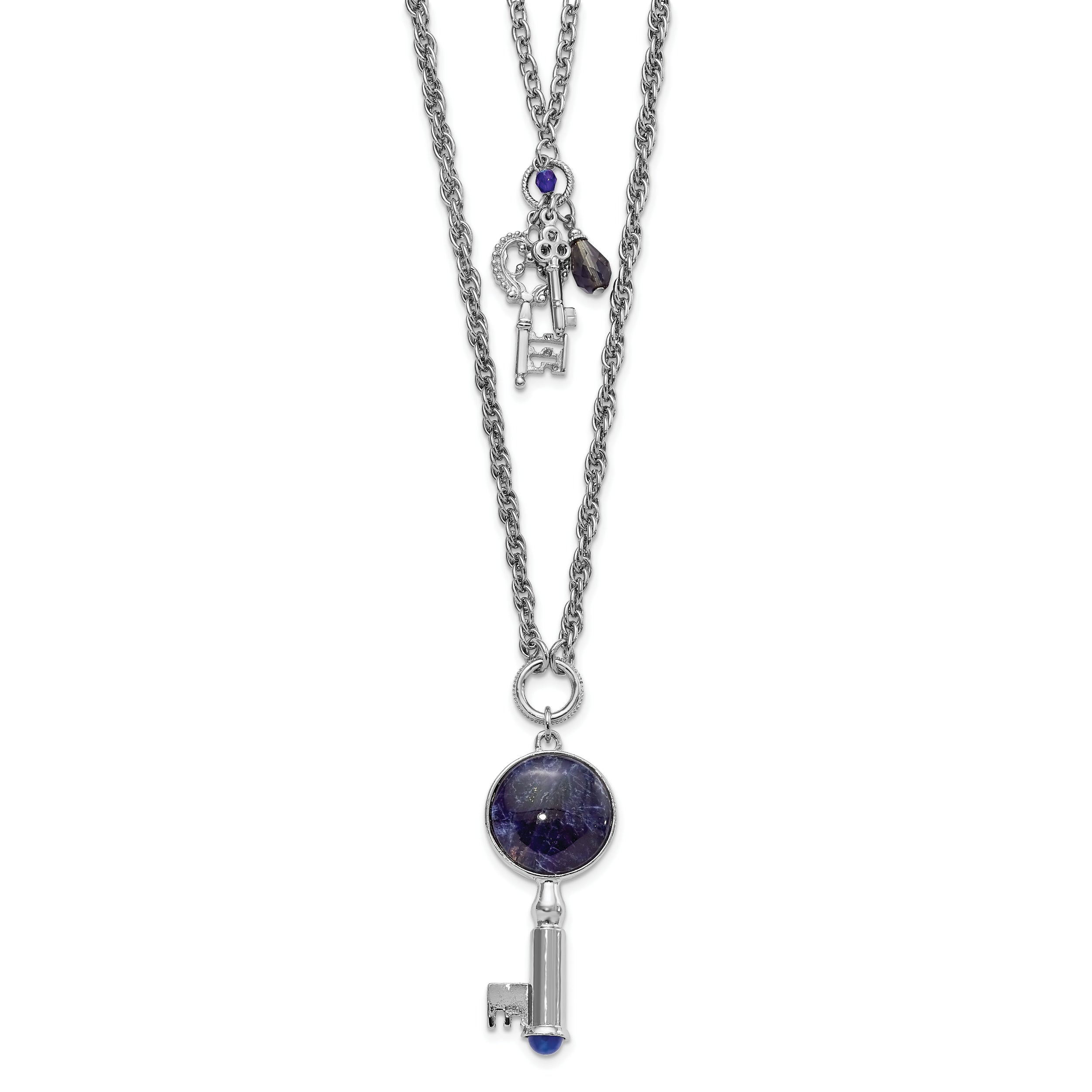 1928 Jewelry Silver-tone Two Strand Three Key Pendants Crystal and Sodalite Accents Necklace