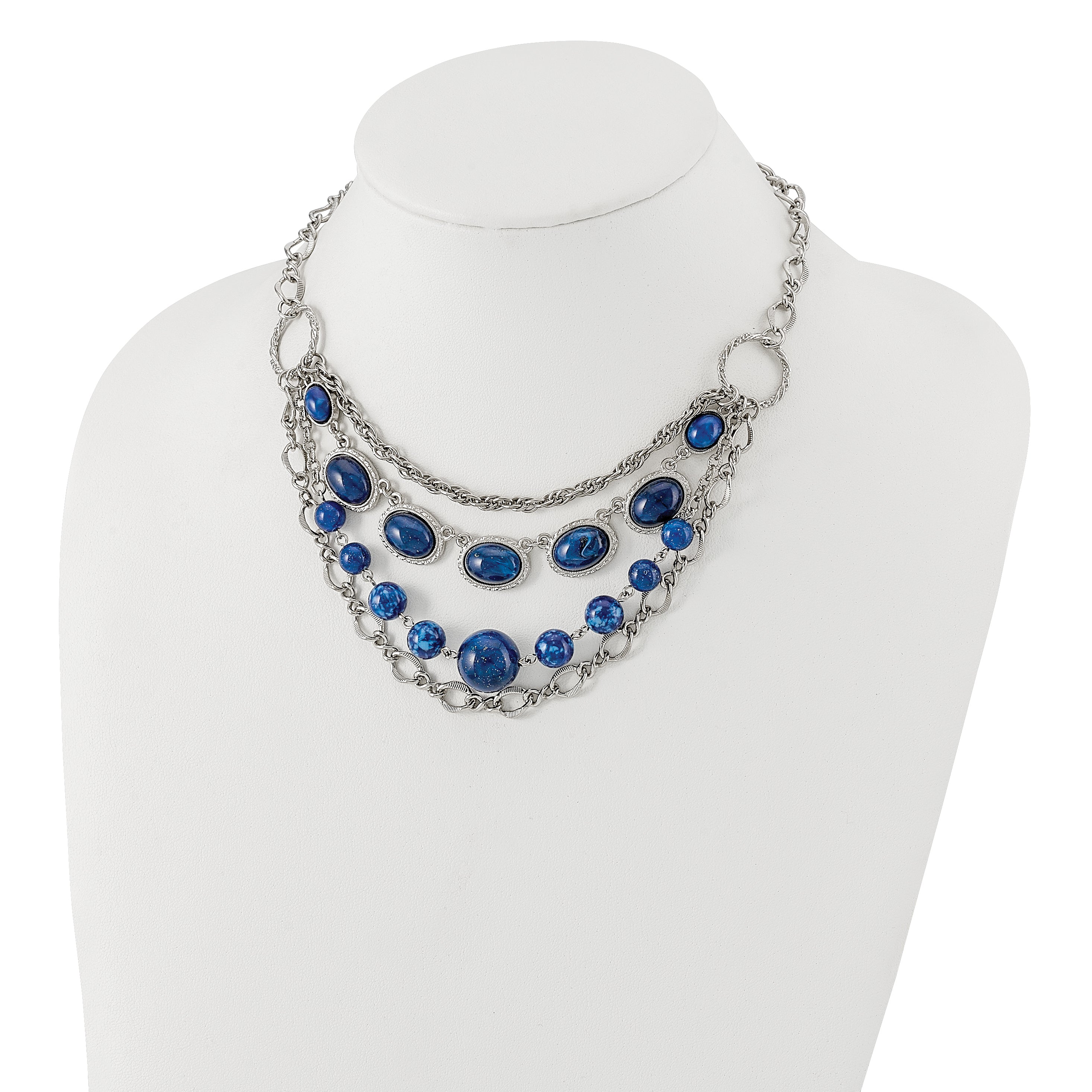 1928 Jewelry Silver-tone Textured Link Blue Glass Beads Graduated Four Row 16 inch Necklace with 3 inch extension