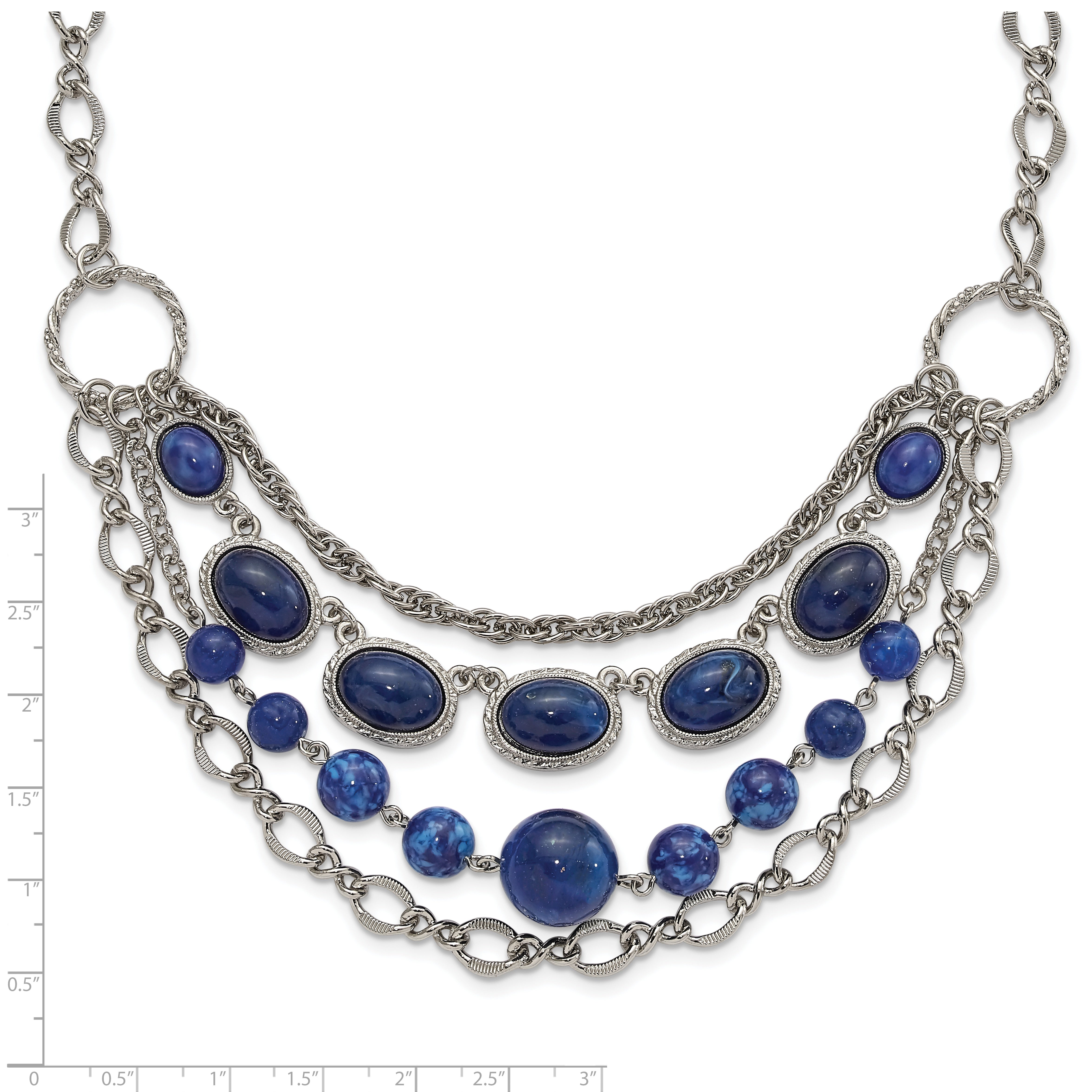 1928 Jewelry Silver-tone Textured Link Blue Glass Beads Graduated Four Row 16 inch Necklace with 3 inch extension