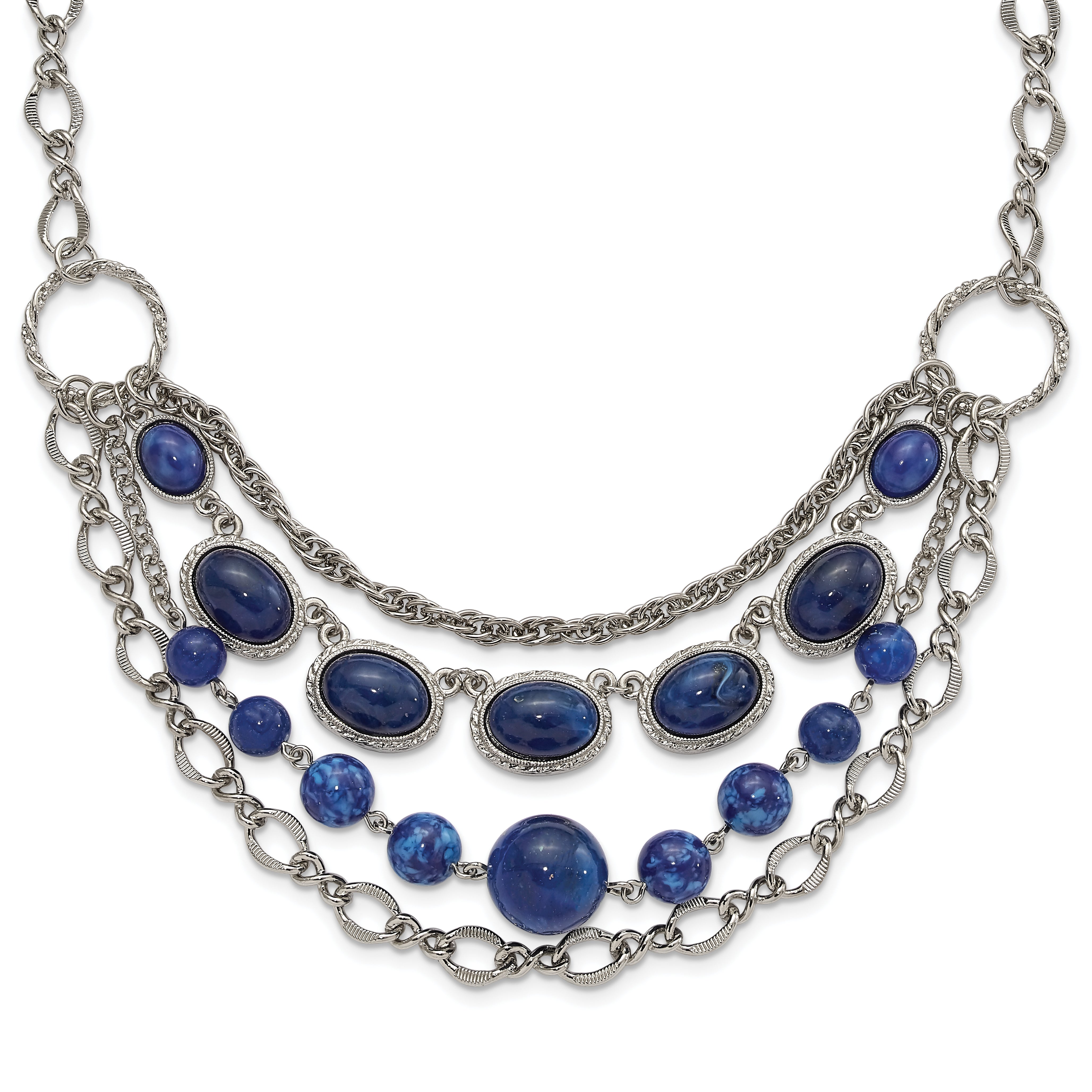 1928 Jewelry Silver-tone Textured Link Blue Glass Beads Graduated Four Row 16 inch Necklace with 3 inch extension