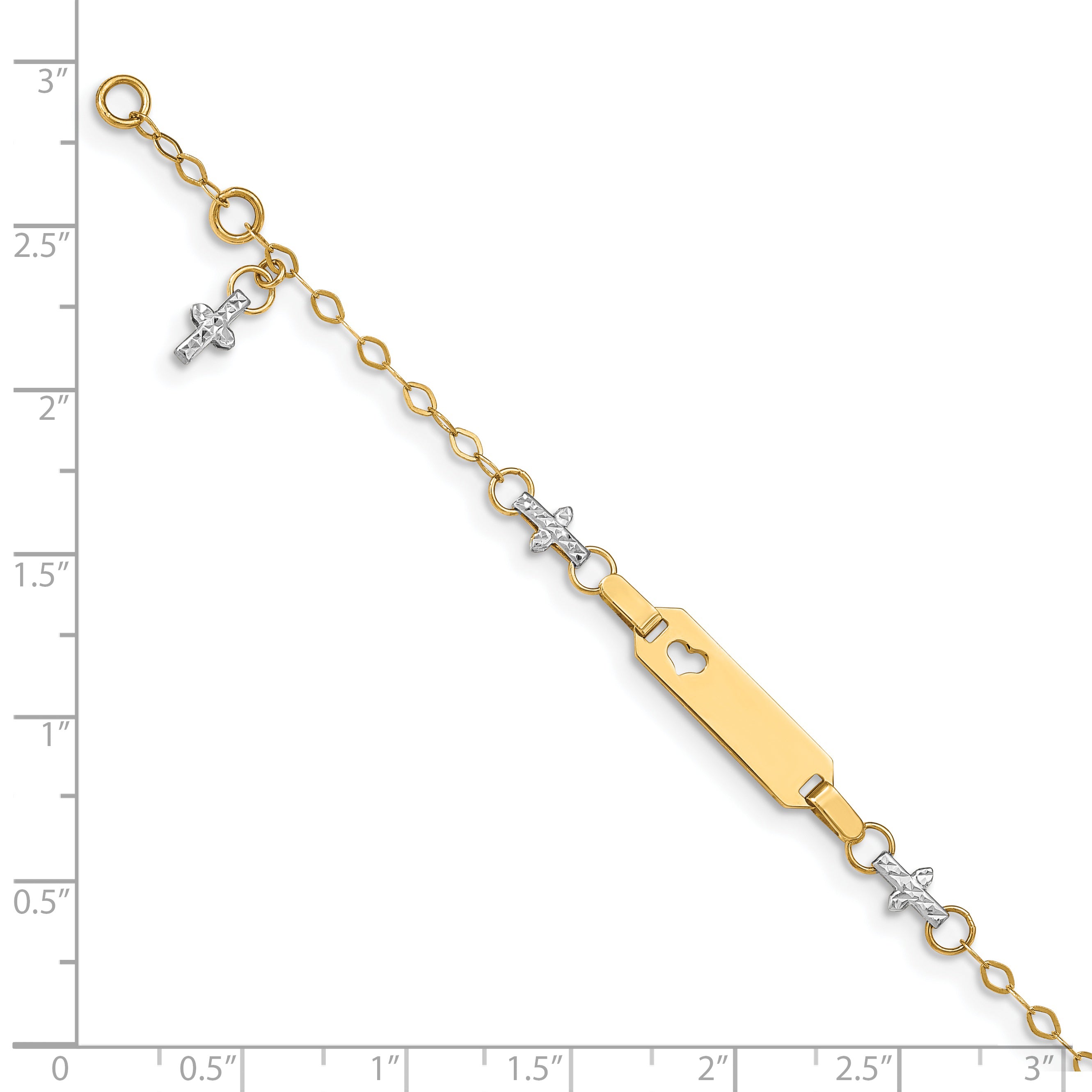 14k Two-tone Baby Polished and Textured Cross w/1in ext. ID Bracelet