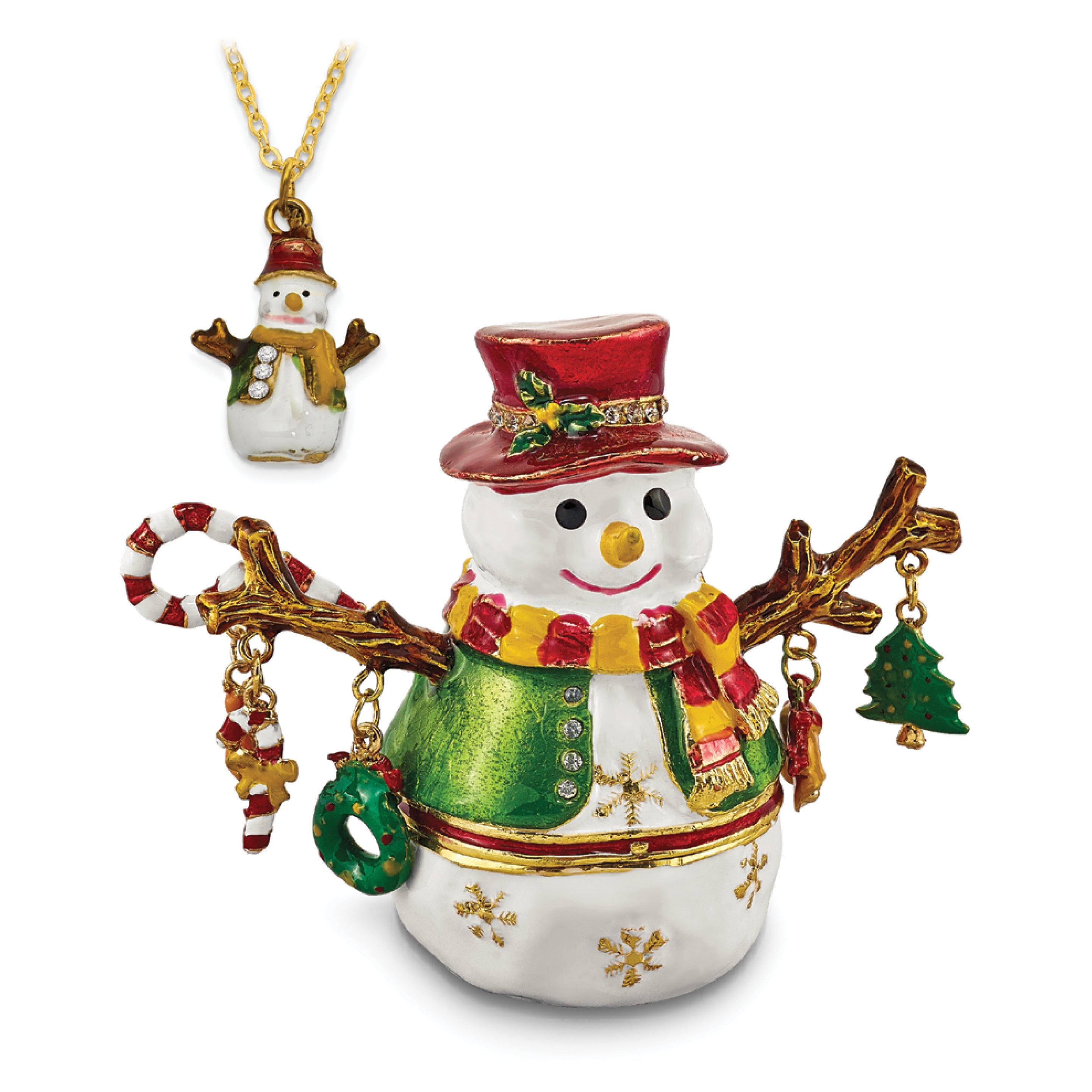 Luxury Giftware Pewter Bejeweled Crystals Gold-tone Enameled LOGAN Snowman Tree Trinket Box with Matching 18 Inch Necklace