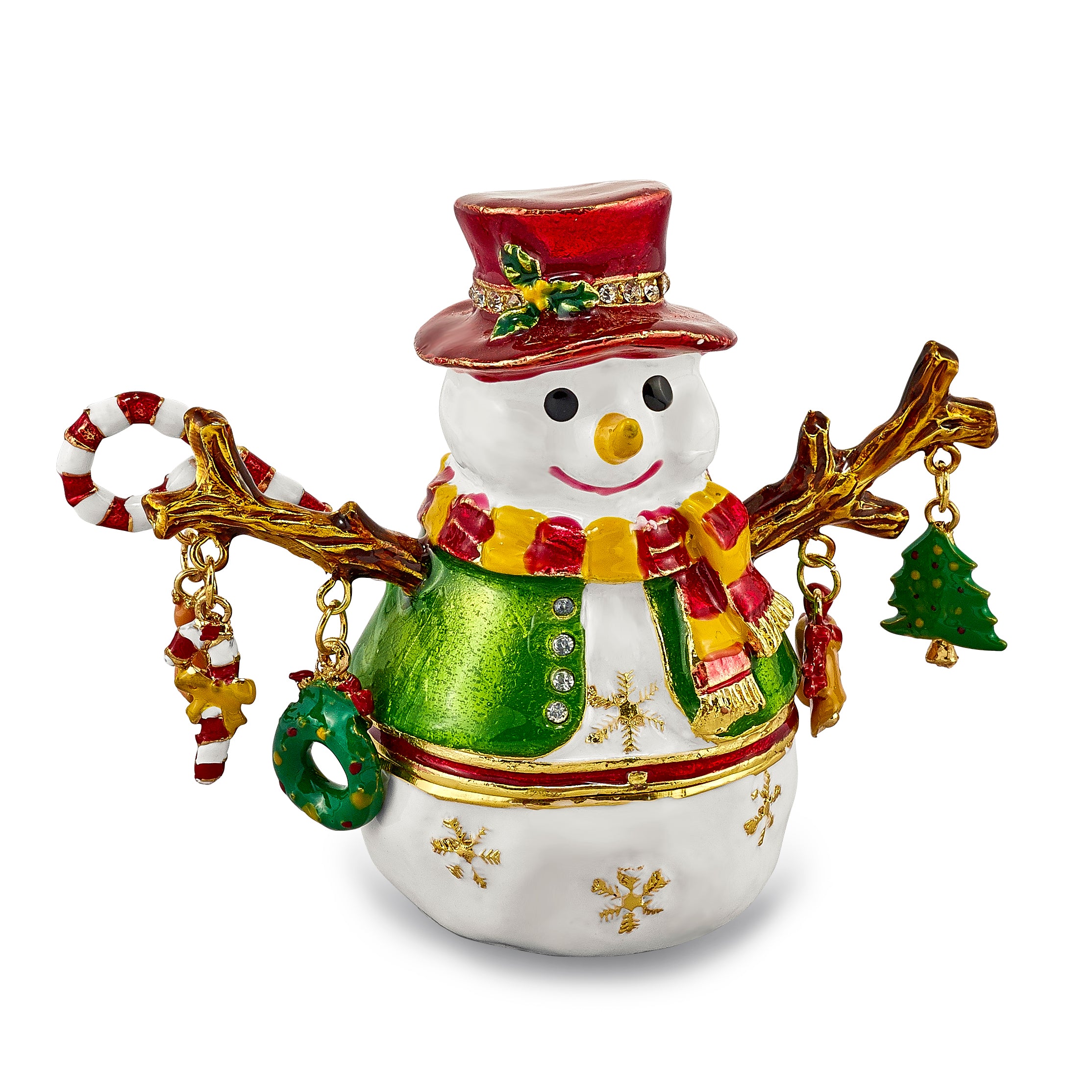 Luxury Giftware Pewter Bejeweled Crystals Gold-tone Enameled LOGAN Snowman Tree Trinket Box with Matching 18 Inch Necklace