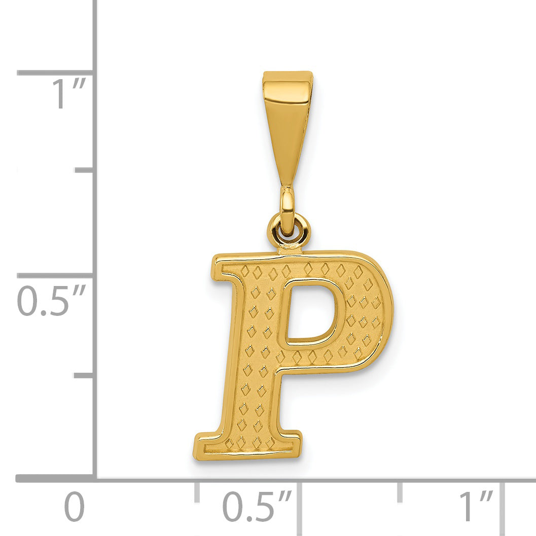 14K Gold Textured Initial P Pendant Charm Polished Large Design