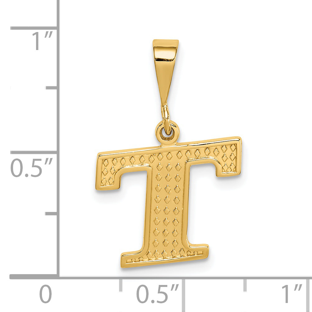 14K Gold Textured Initial T Charm with Polished Finish