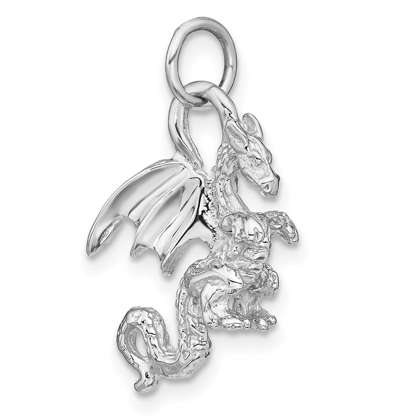 14K White Gold 3D Dragon Pendant with Polished Rhodium Finish