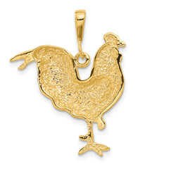 14K Gold Men's Polished Rooster Pendant with Textured Open-Back Design