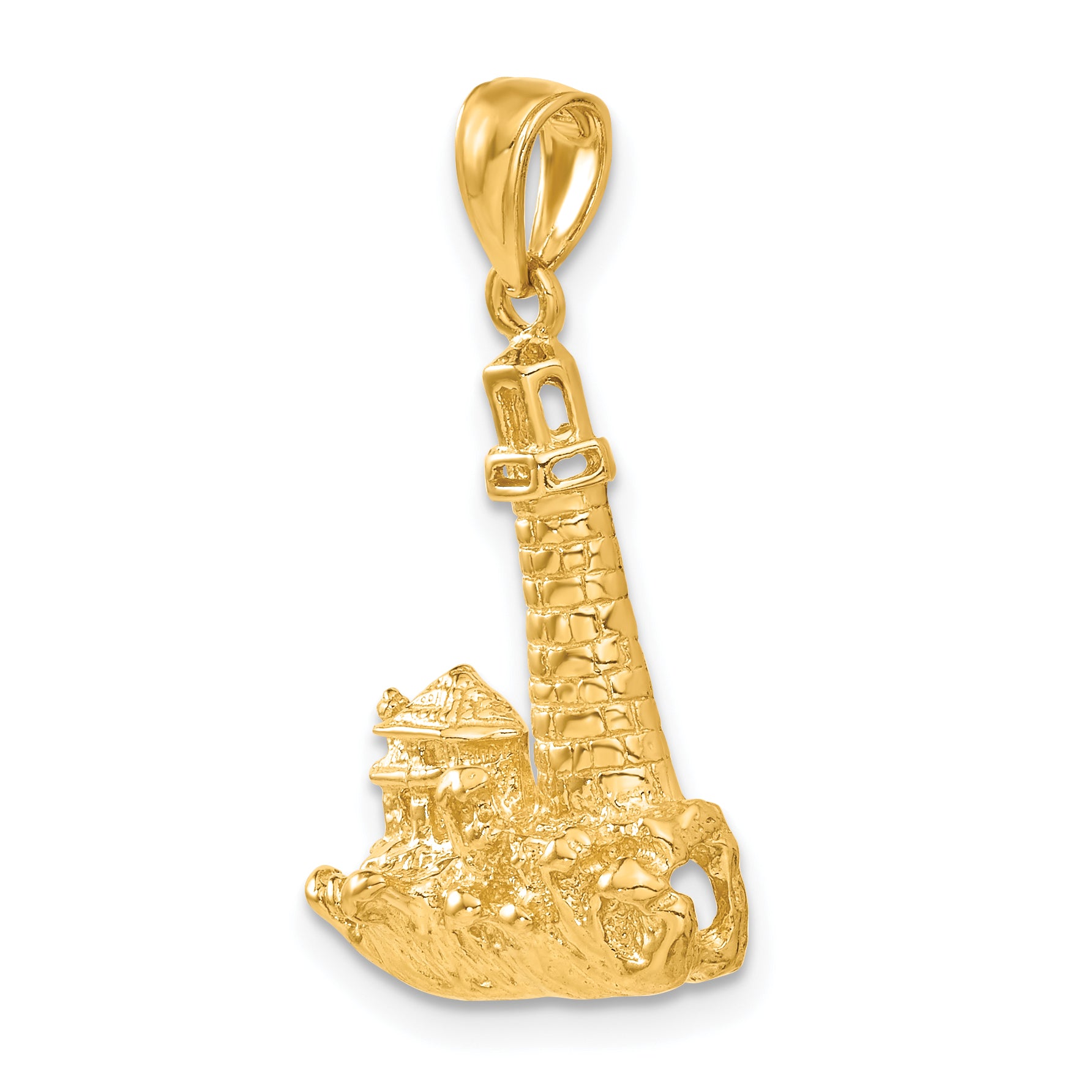 14K Gold Men's Lighthouse Pendant with Polished Textured Finish