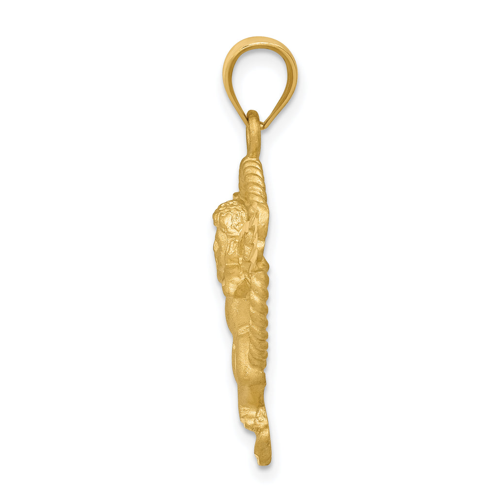 14K Gold Satin Angel in Circle Pendant with Brushed Finish
